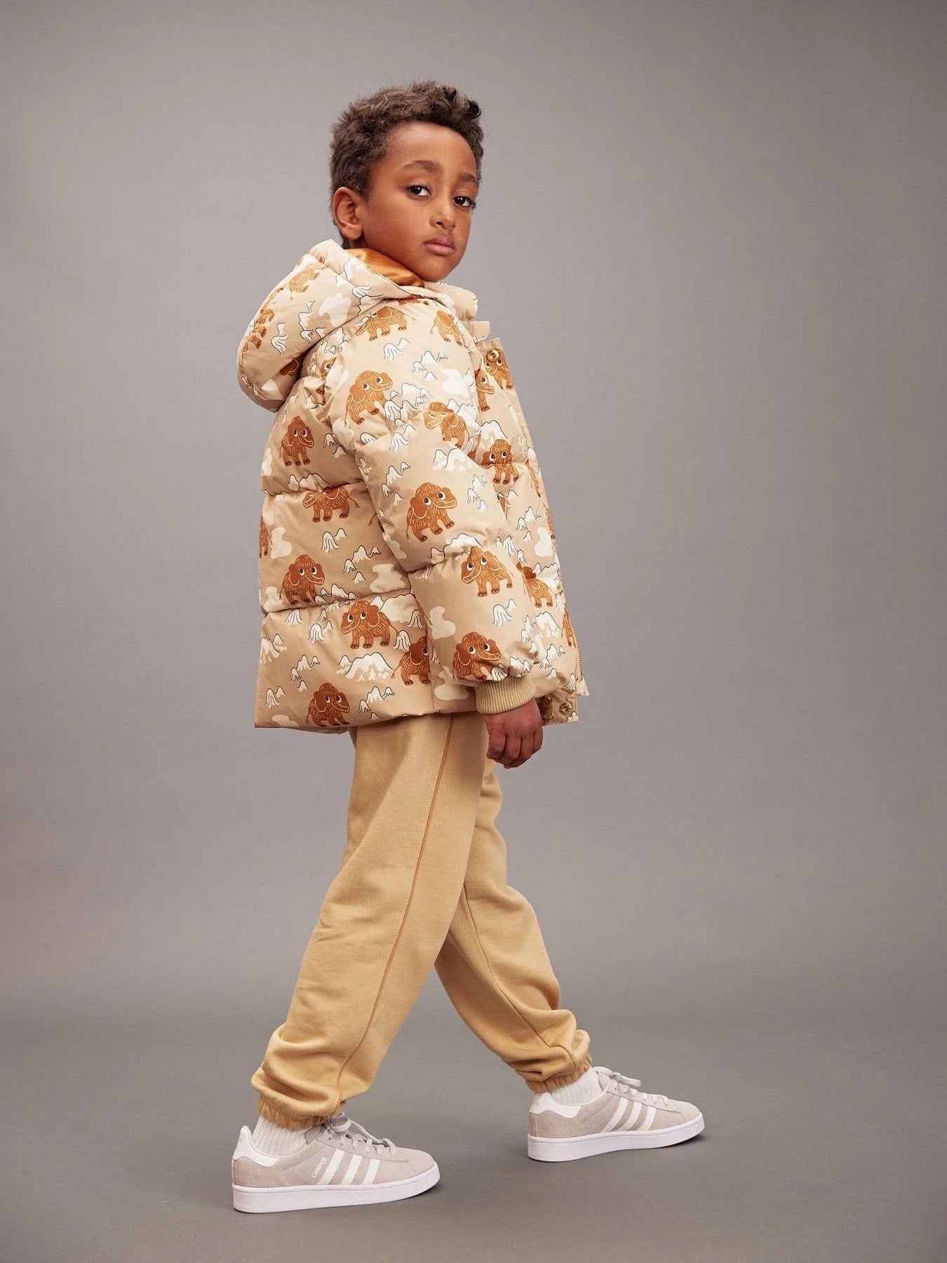 Mini Rodini Mammoths All Over Print Hooded Puffer - Beige