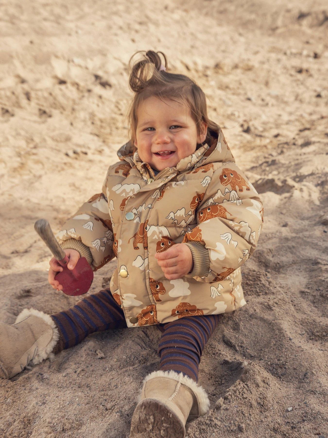 Mini Rodini Mammoths All Over Print Hooded Puffer - Beige