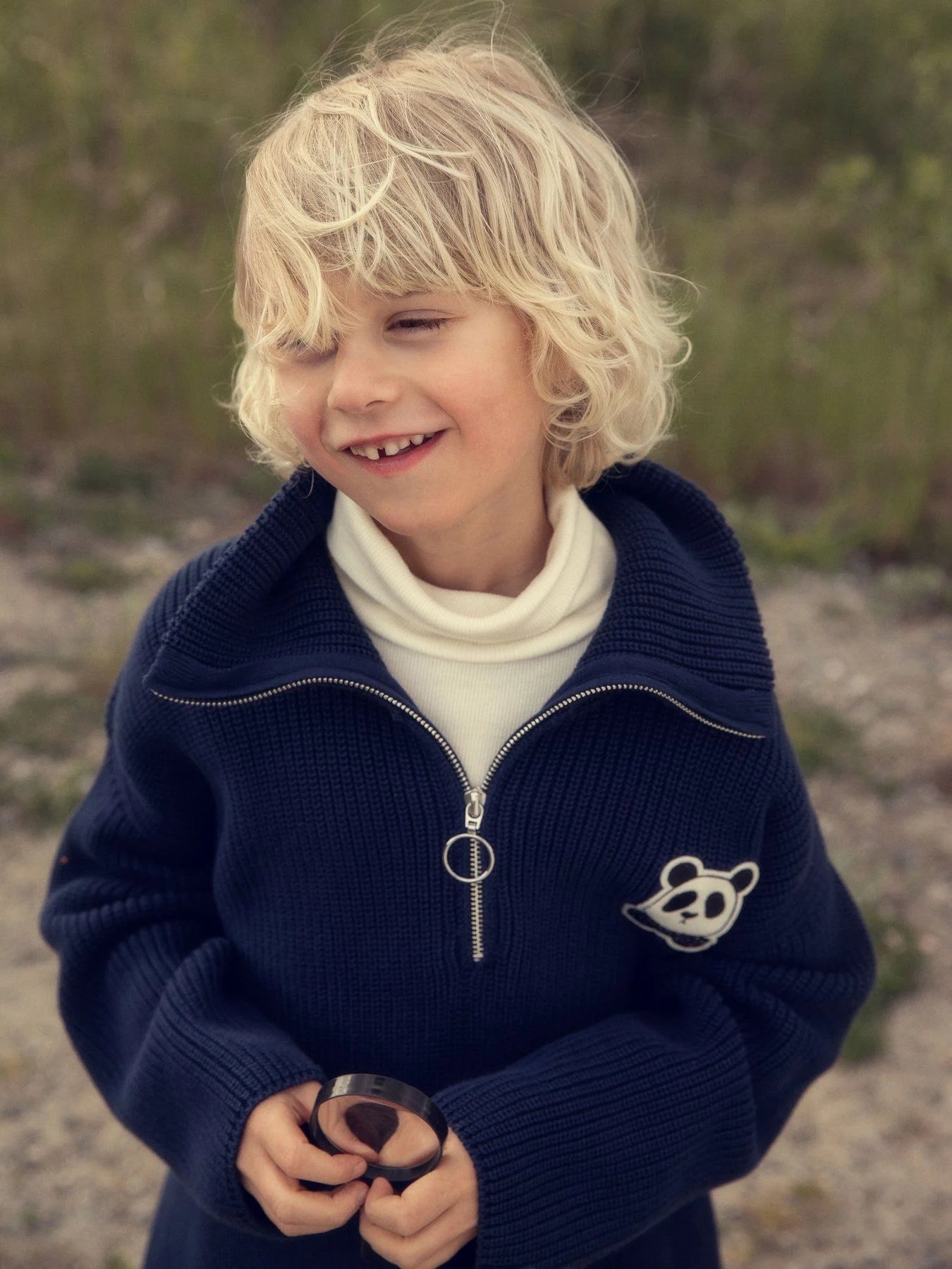Mini Rodini Panda Patch Chunky Knit Half Zip Sweater