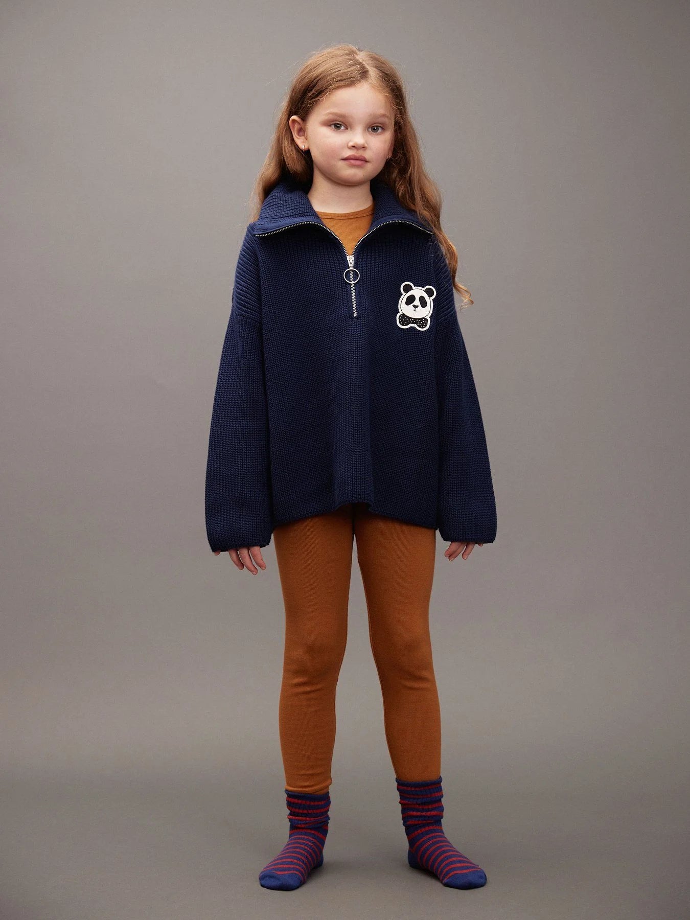 Mini Rodini Panda Patch Chunky Knit Half Zip Sweater