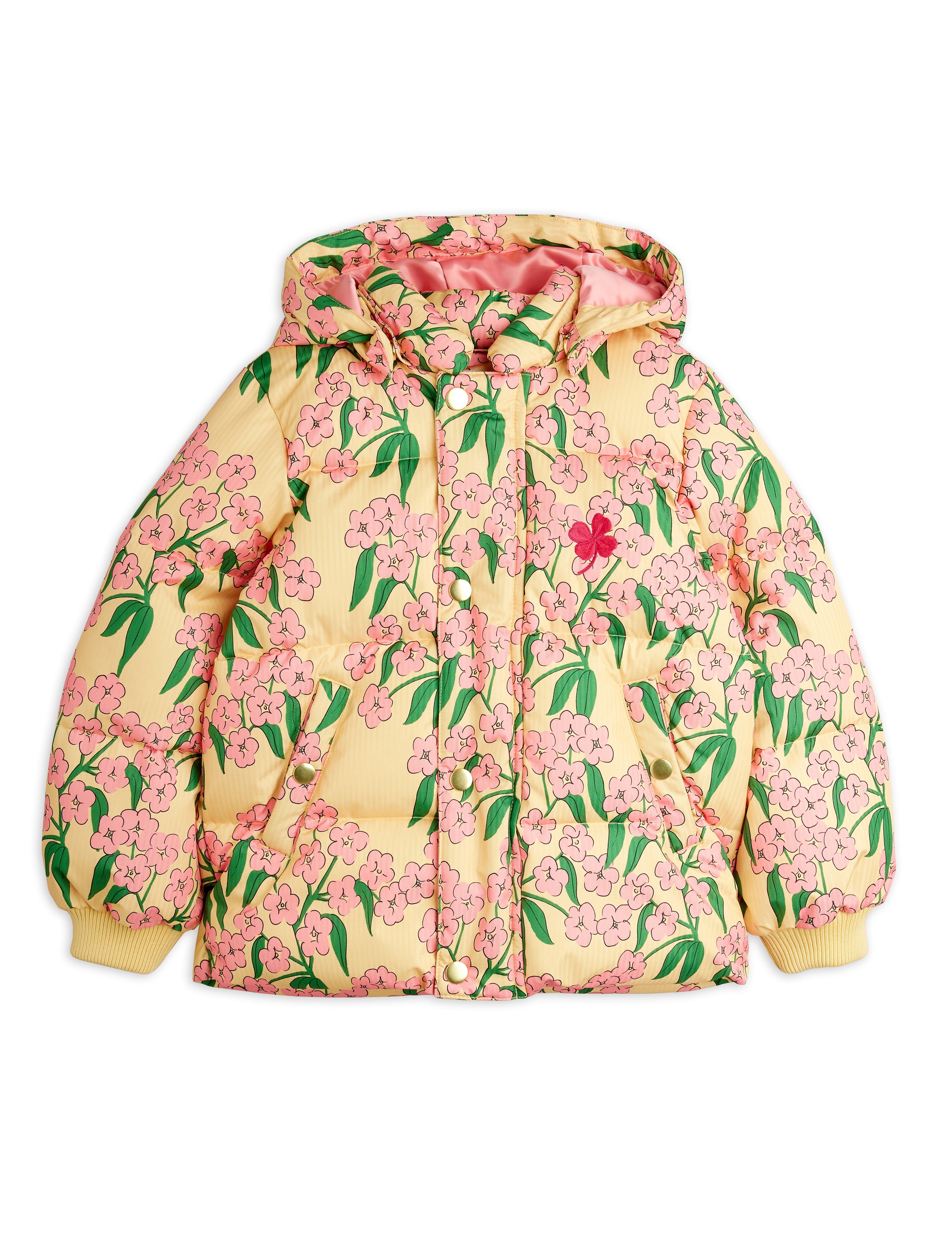 Mini Rodini Alpine Flowers All Over Print Hooded Puffer - Yellow