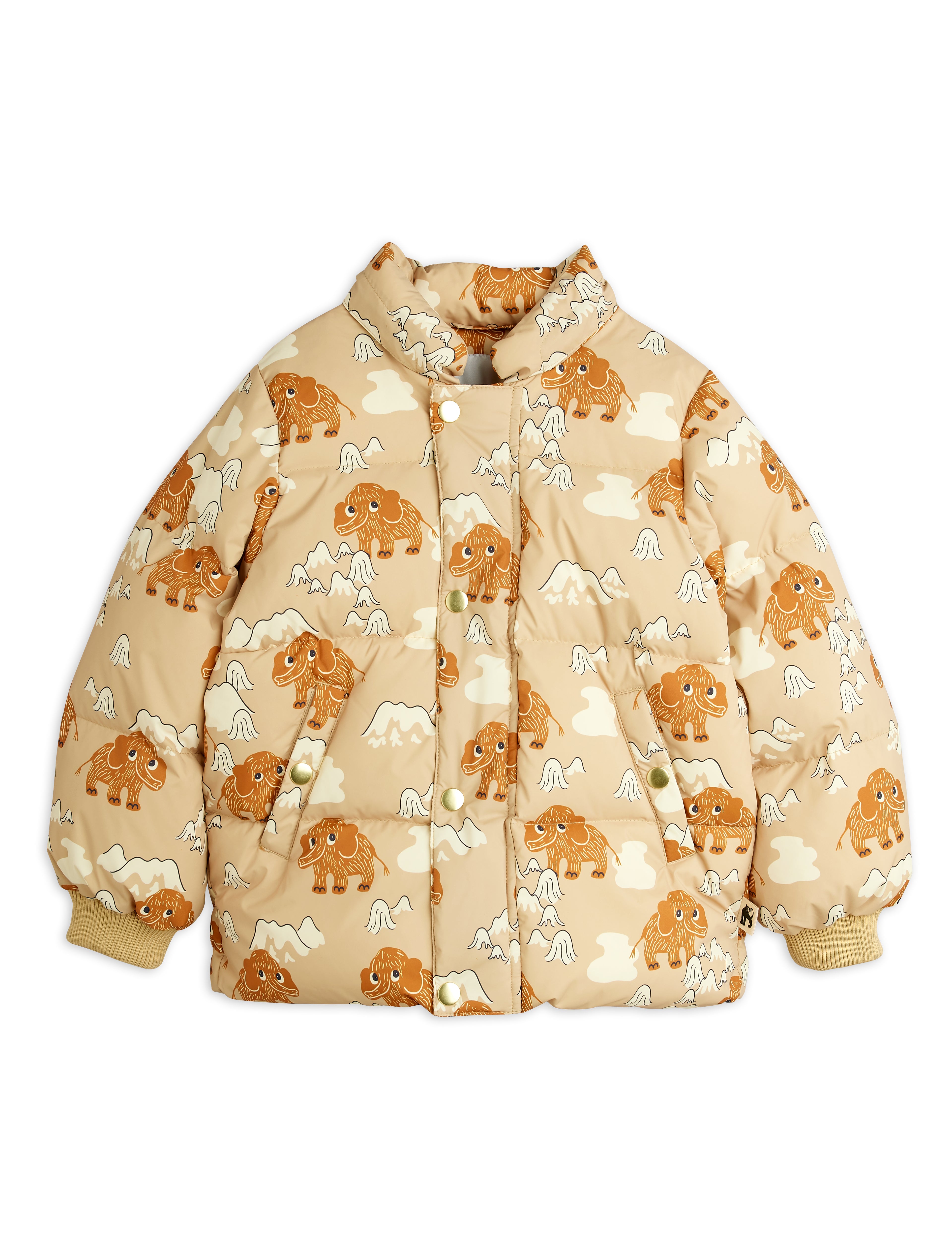 Mini Rodini Mammoths All Over Print Hooded Puffer - Beige