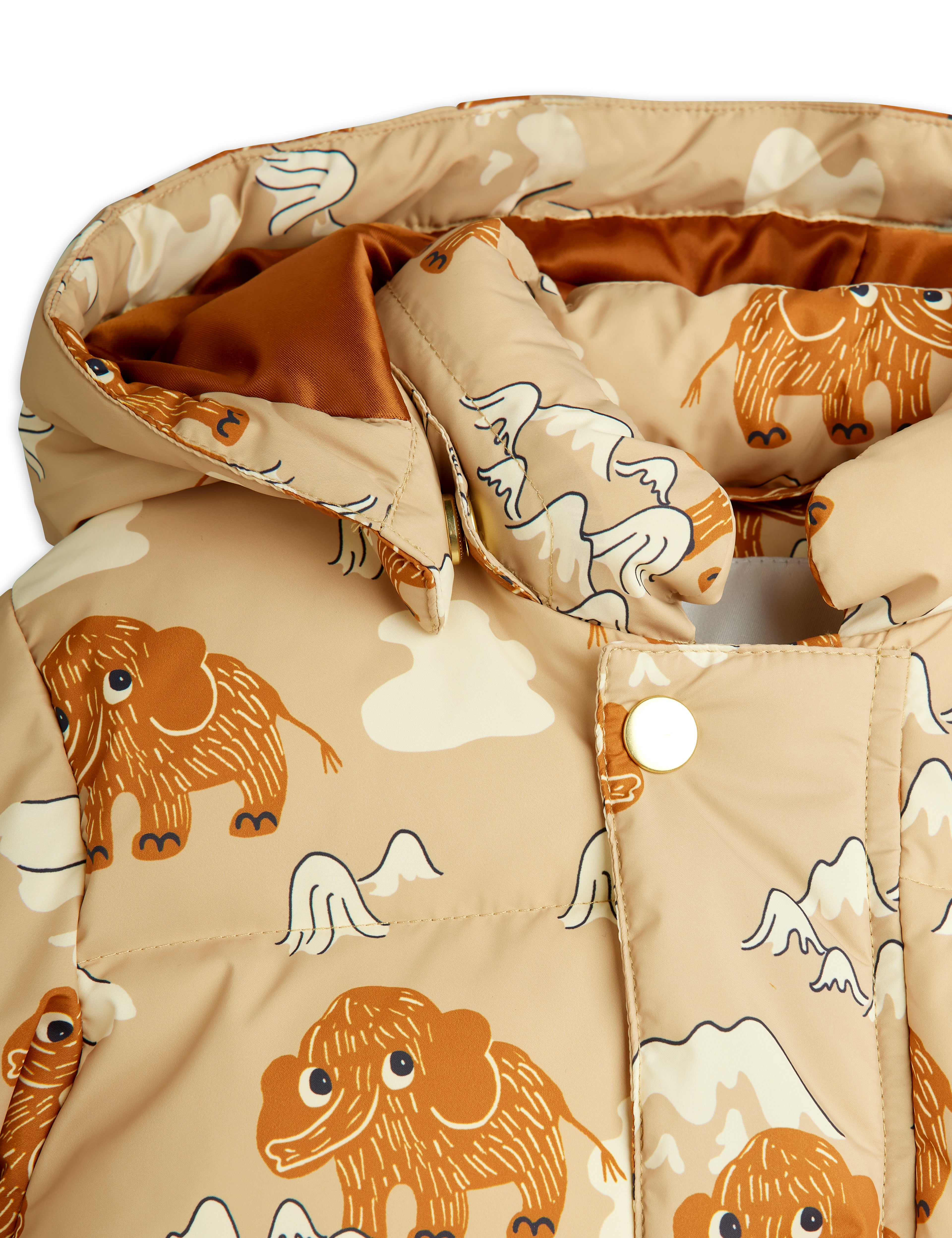 Mini Rodini Mammoths All Over Print Hooded Puffer - Beige