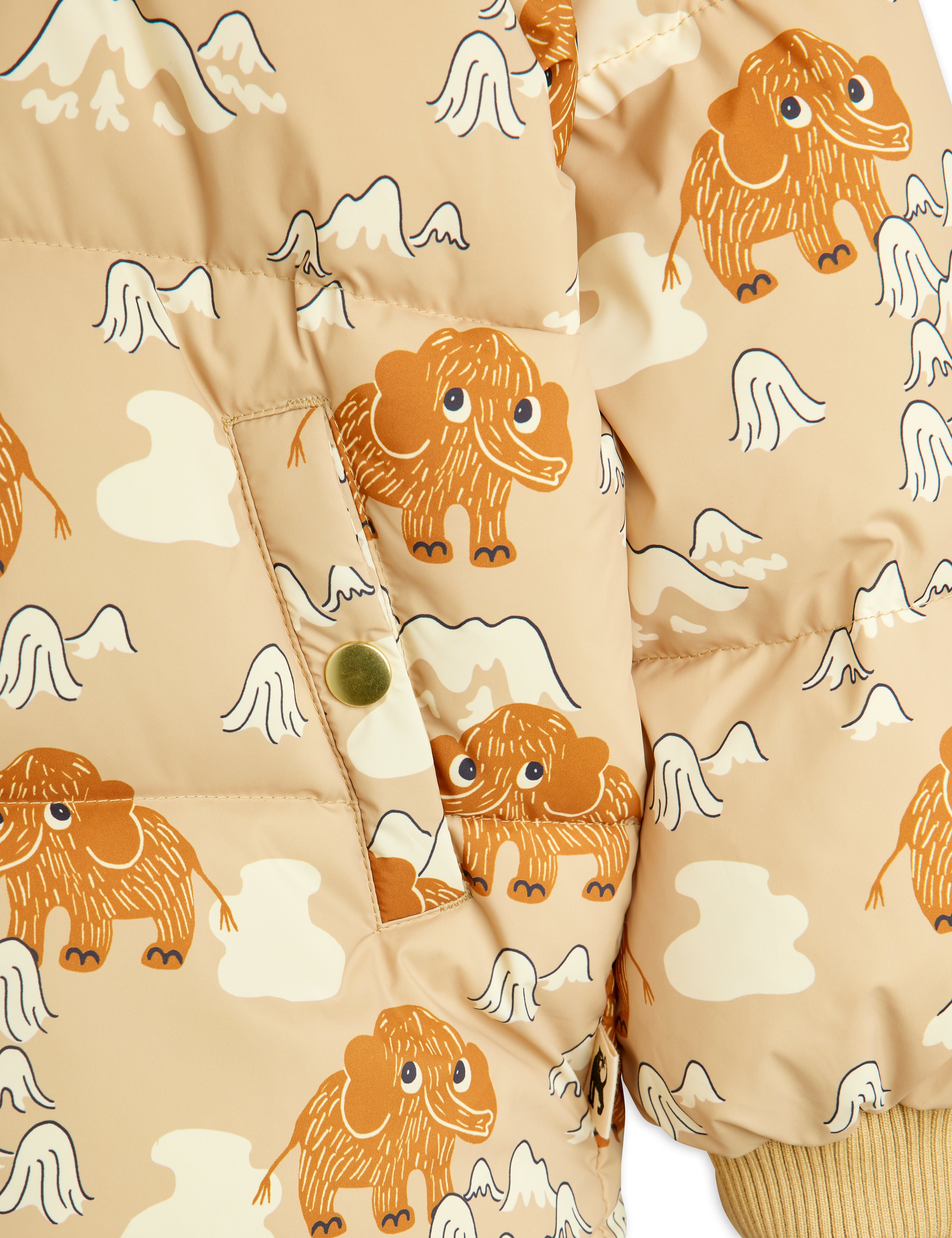 Mini Rodini Mammoths All Over Print Hooded Puffer - Beige