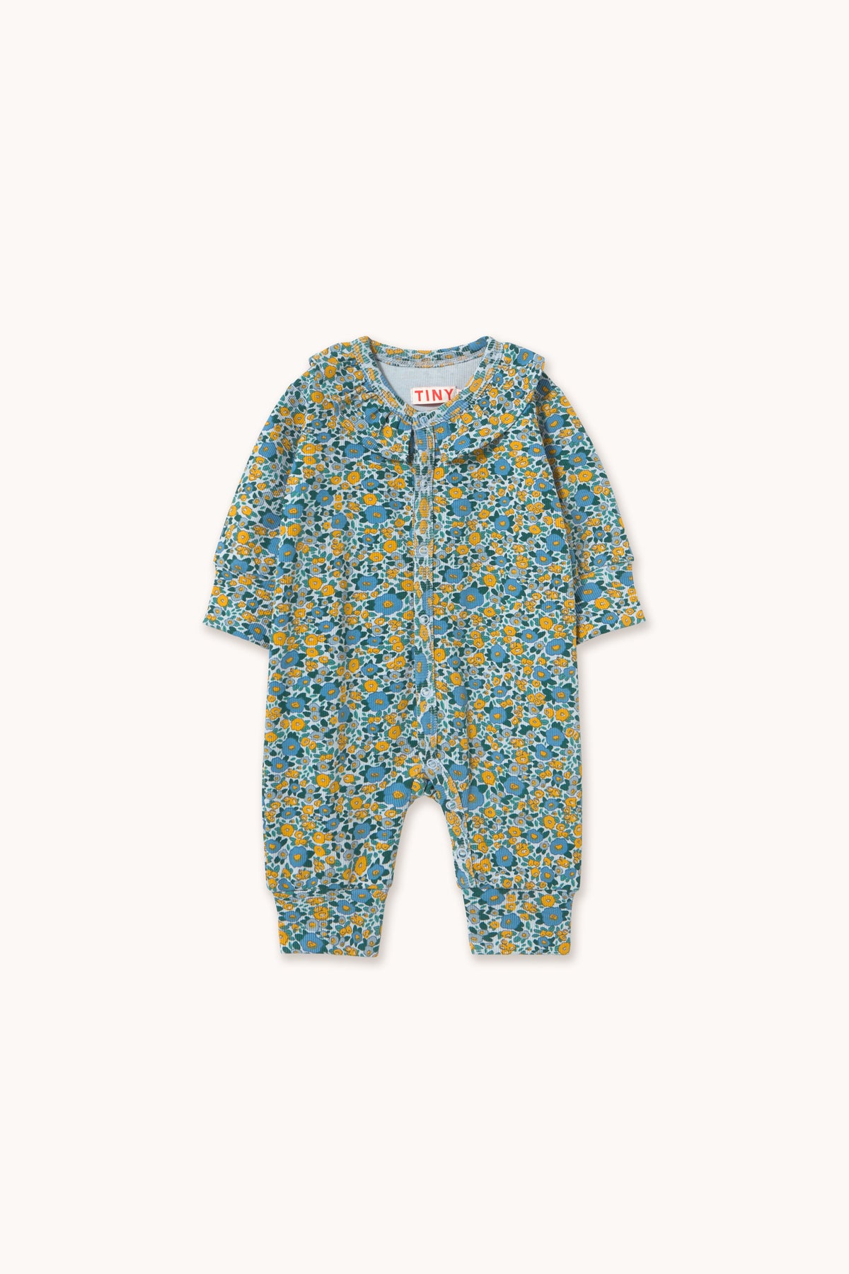 Tiny Cottons Flower Pattern Rib One Piece - Washed Blue