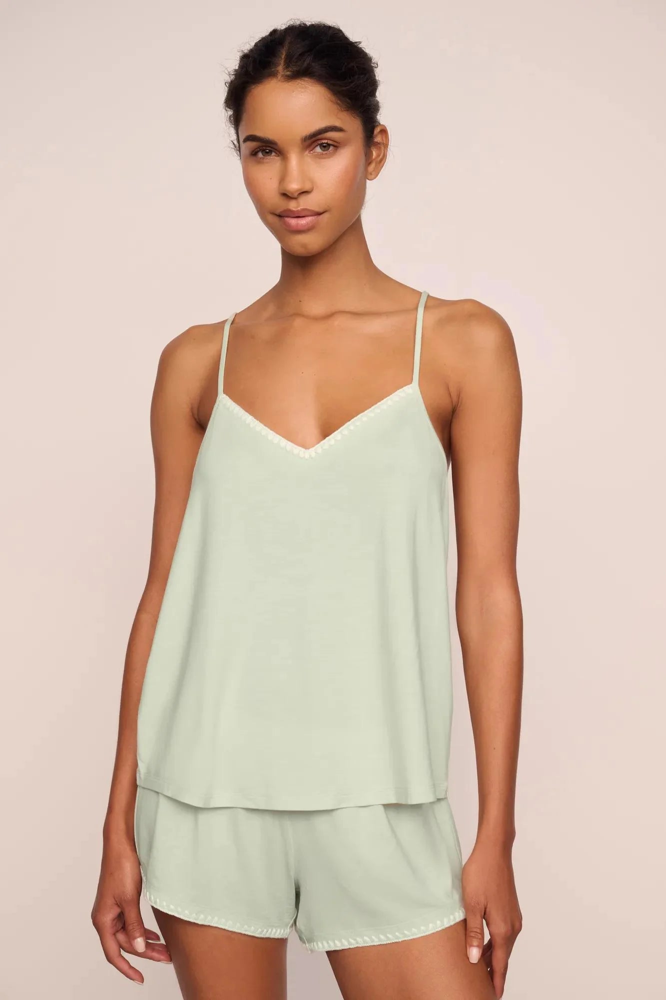 Eberjey Frida Cami And Short PJ Set - Mint Cream/Ivory
