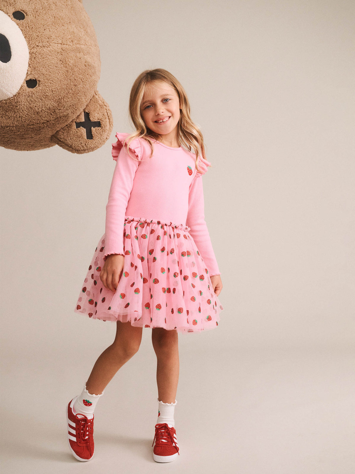 Huxbaby Strawberry Emb Long Sleeve Tulle Dress - Strawberry Crème