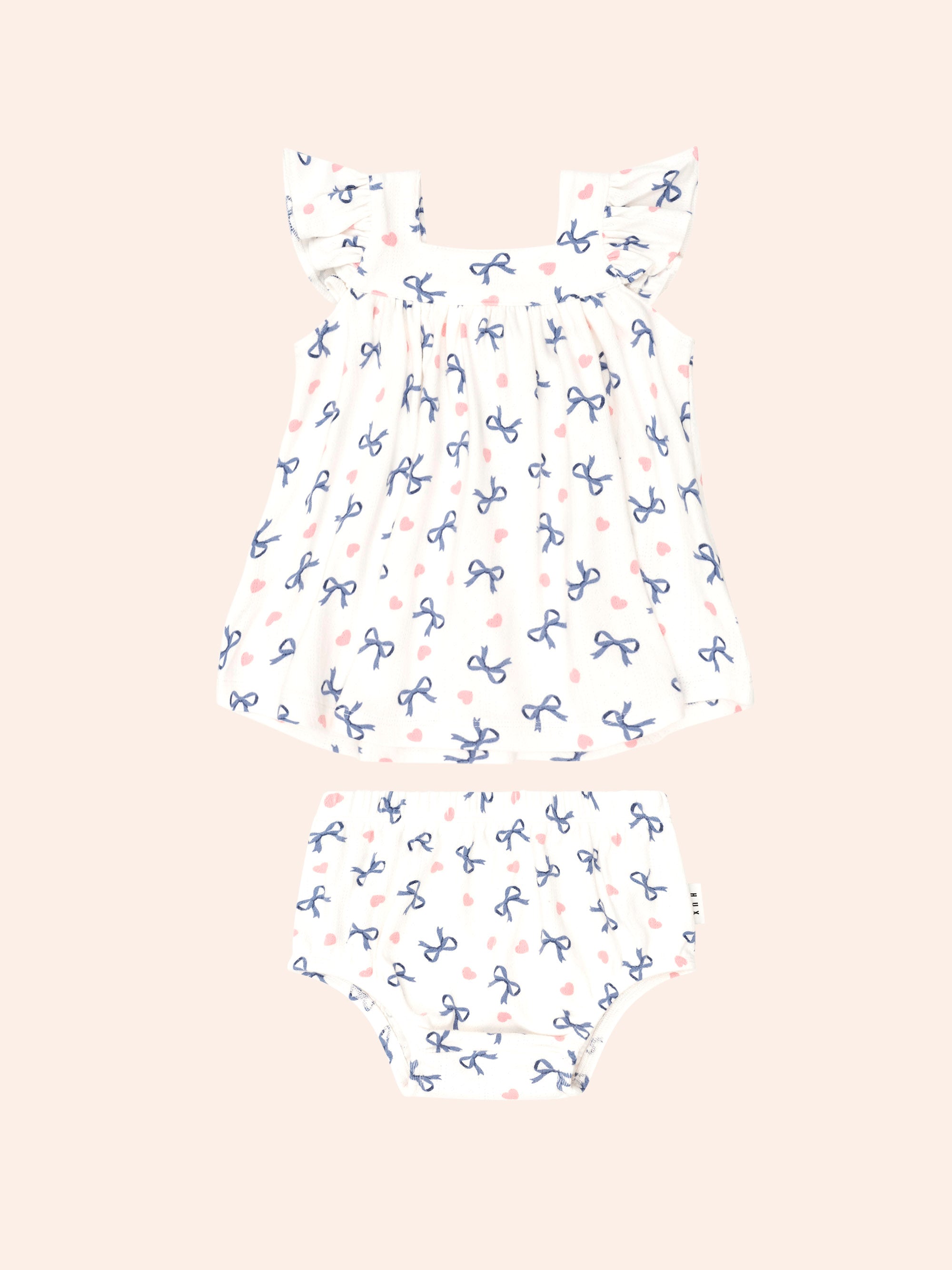 Huxbaby Hearts And Bows 2 Pieces Top And Blommer Set - Almond Milk
