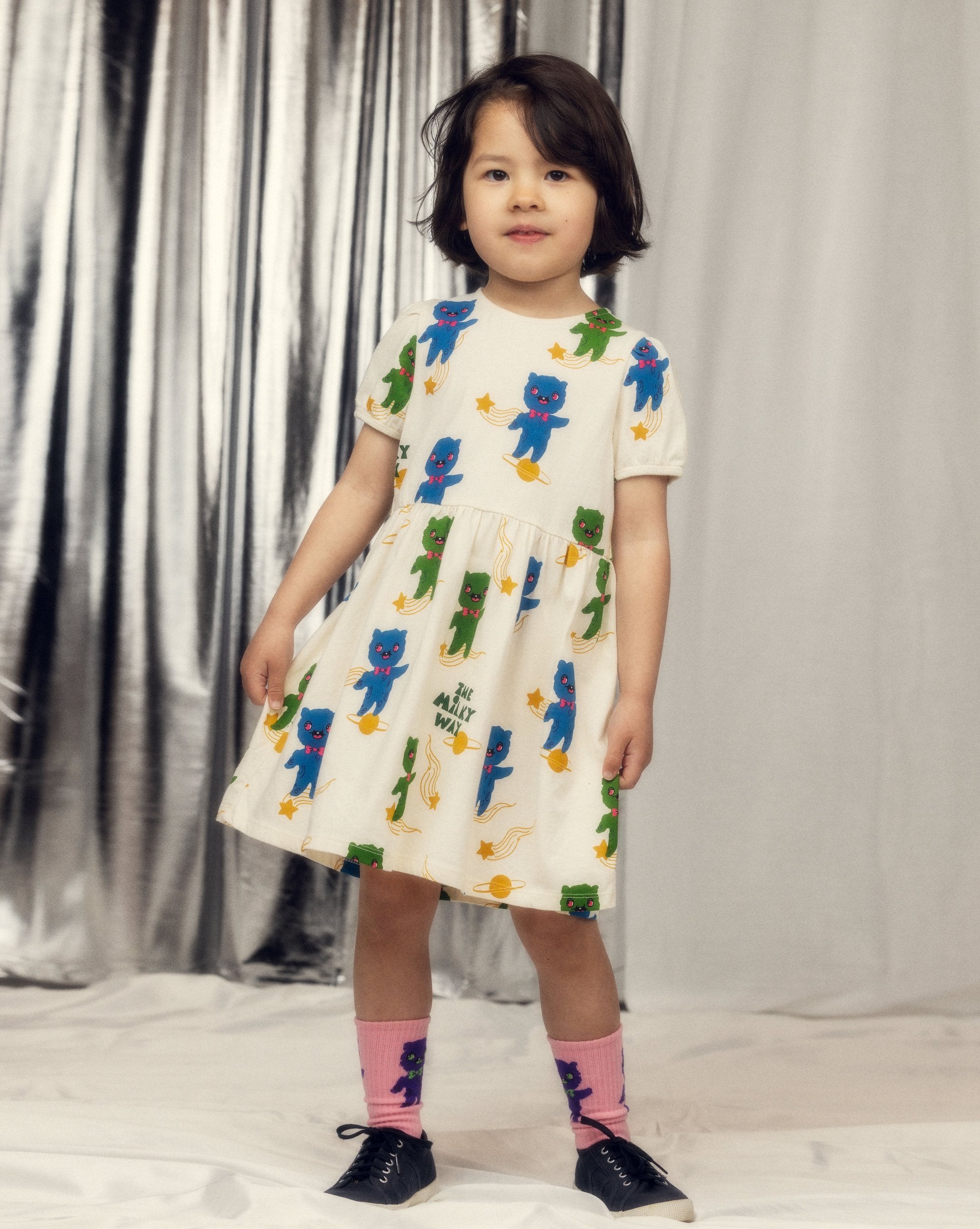 Mini Rodini Aliens All Over Print Short Sleeve Dress - Off White