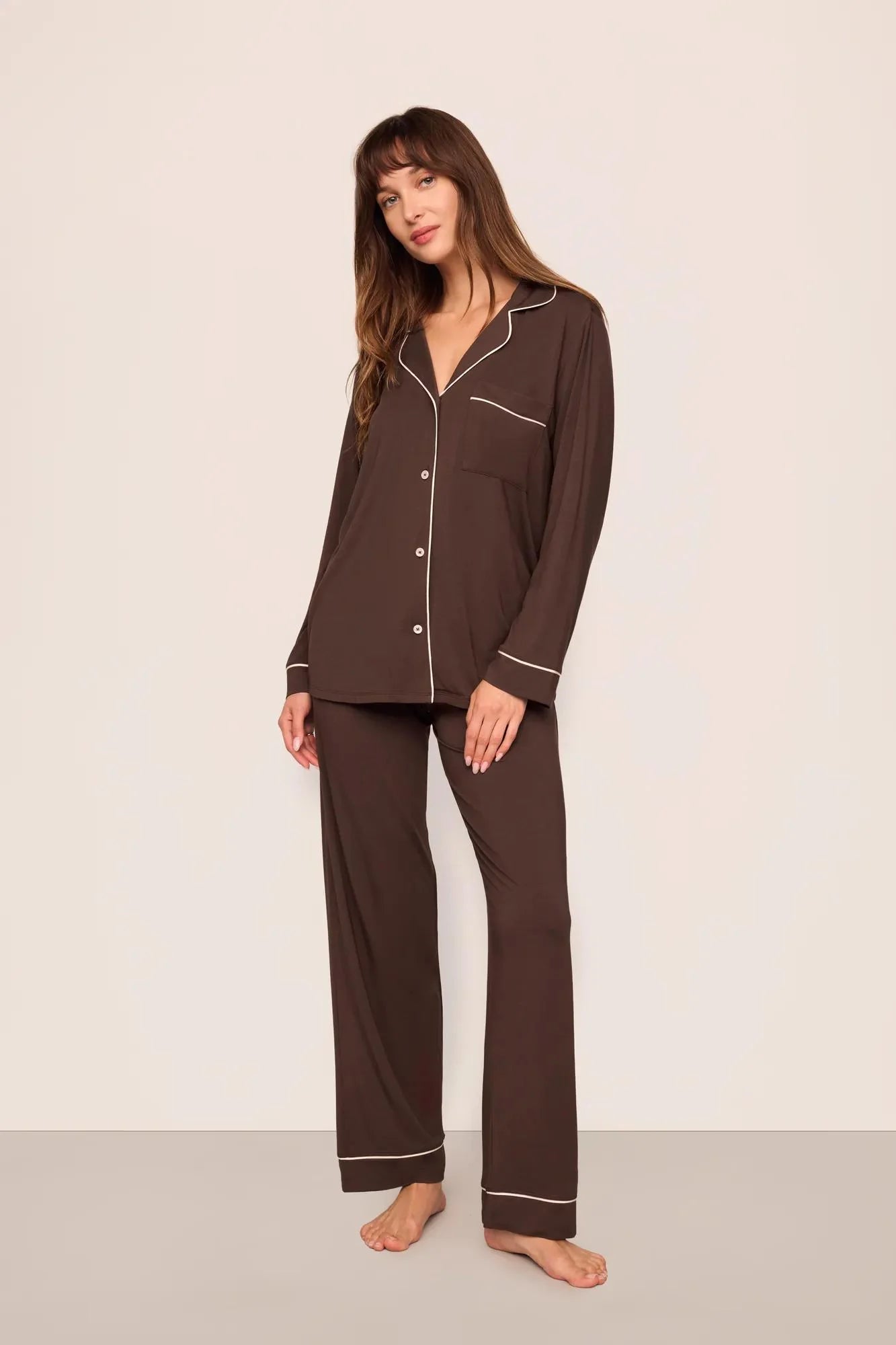 Eberjey Gisele Long PJ Set - Chocolate/Ivory