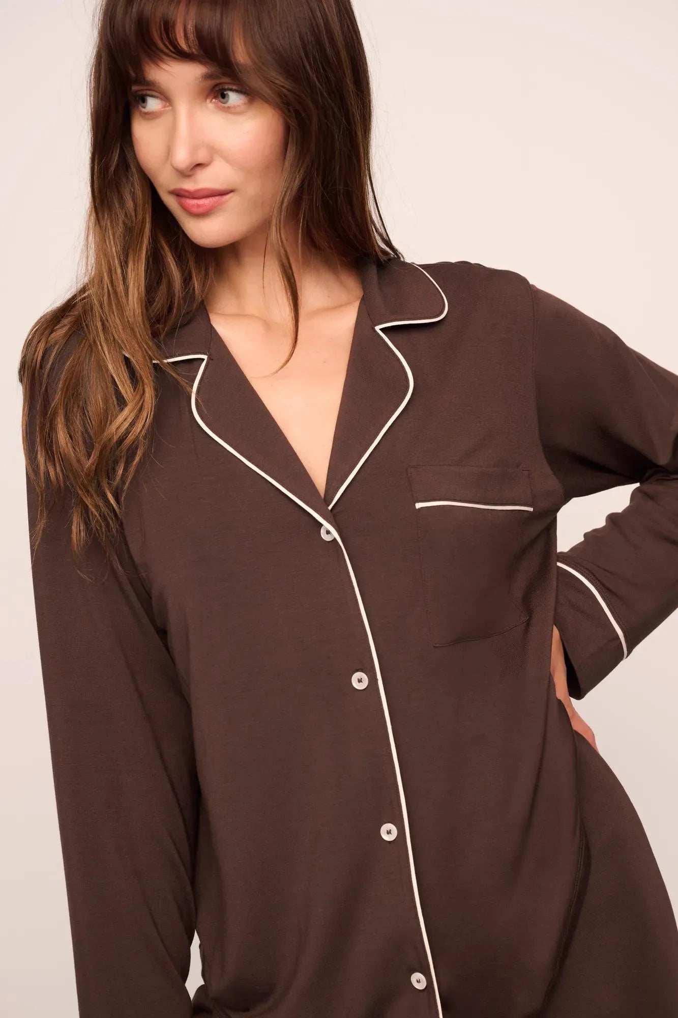 Eberjey Gisele Long PJ Set - Chocolate/Ivory
