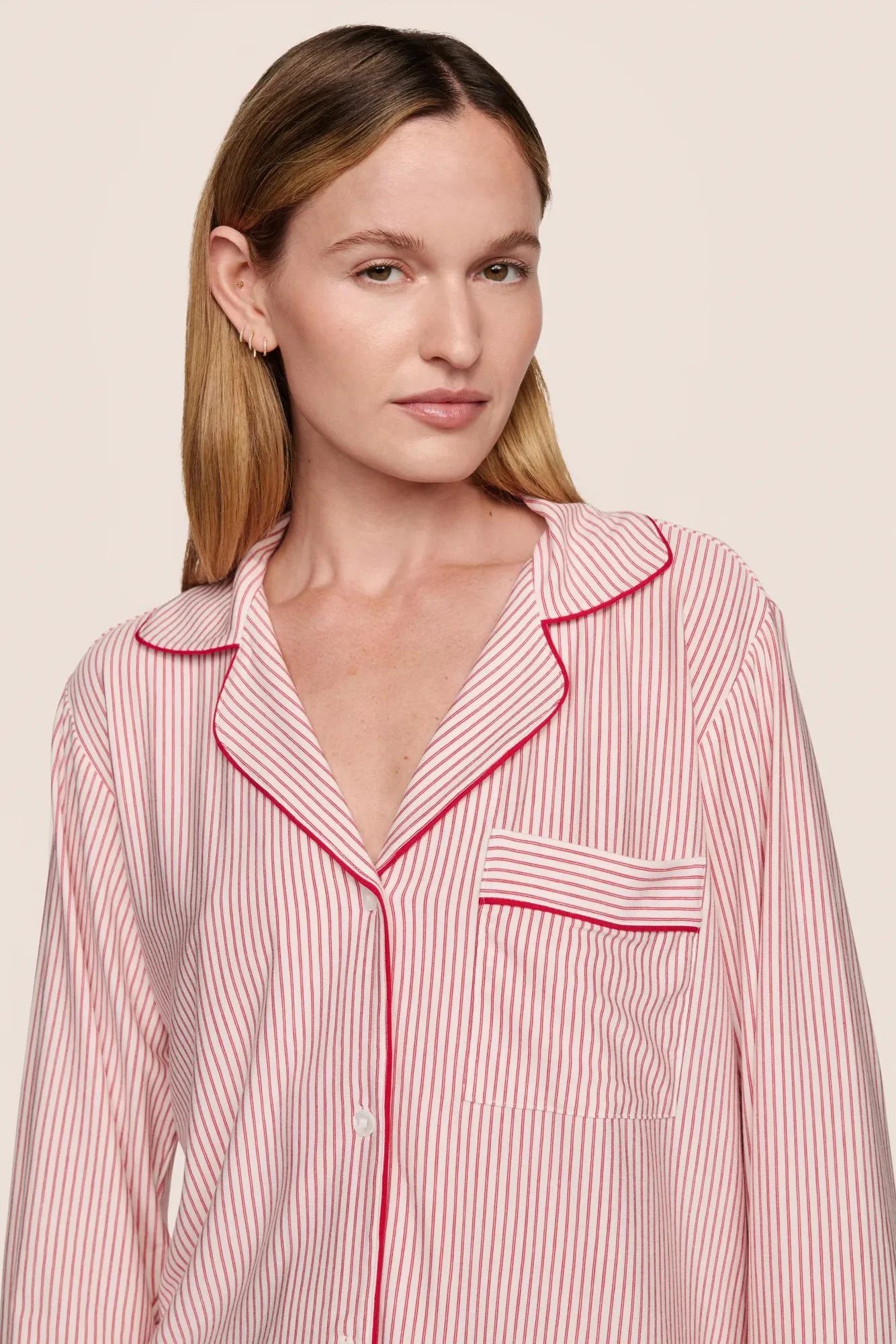 Eberjey Gisele Printed Long PJ Set - Duo Stripe Holly red/Holly red