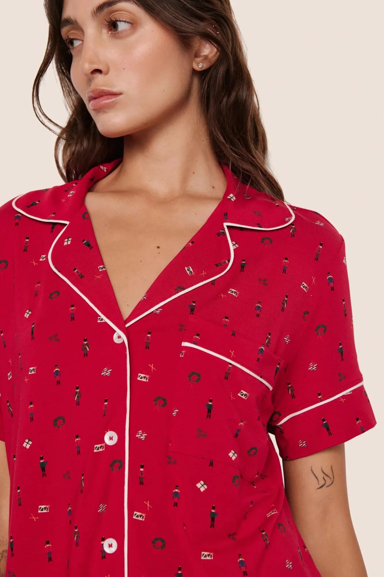 Eberjey Gisele Printed Relaxed Short Pj Set - Nutcracker Holly Red/Ivory