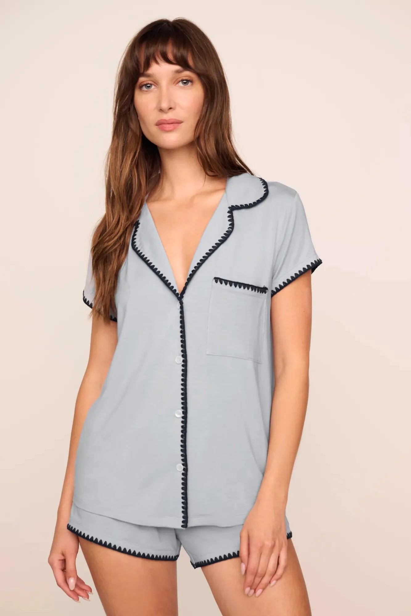 Eberjey Frida Shortie PJ Set - Gray Dawn/Navy