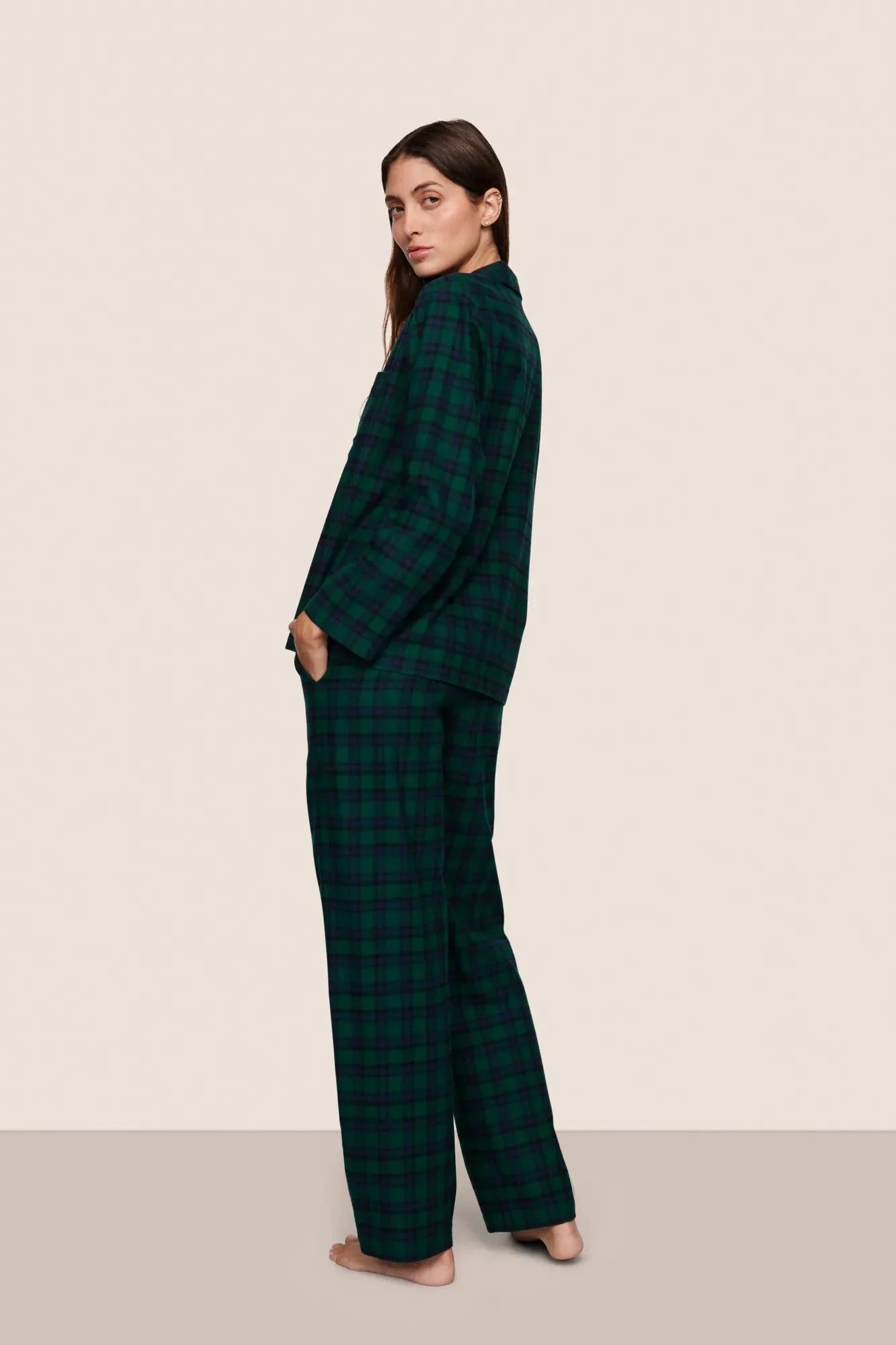 Eberjey Flannel Long PJ Set - Black Watch Tartan Rainforest/Navy