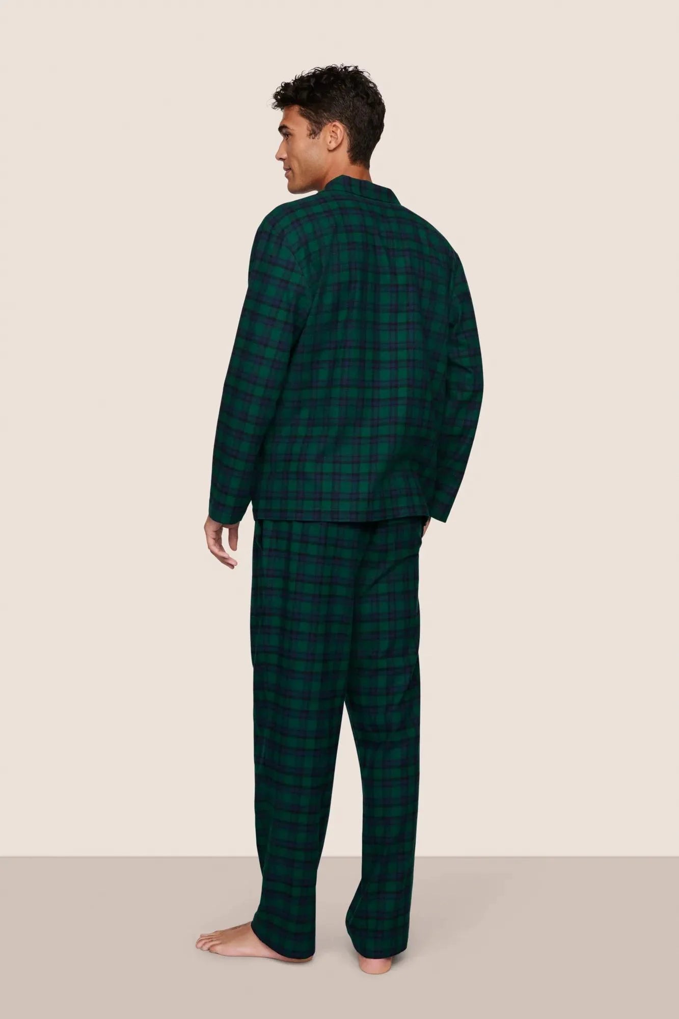 Eberjey Mens Flannel Long PJ Set - Black Watch Tartan Rainforest/Navy