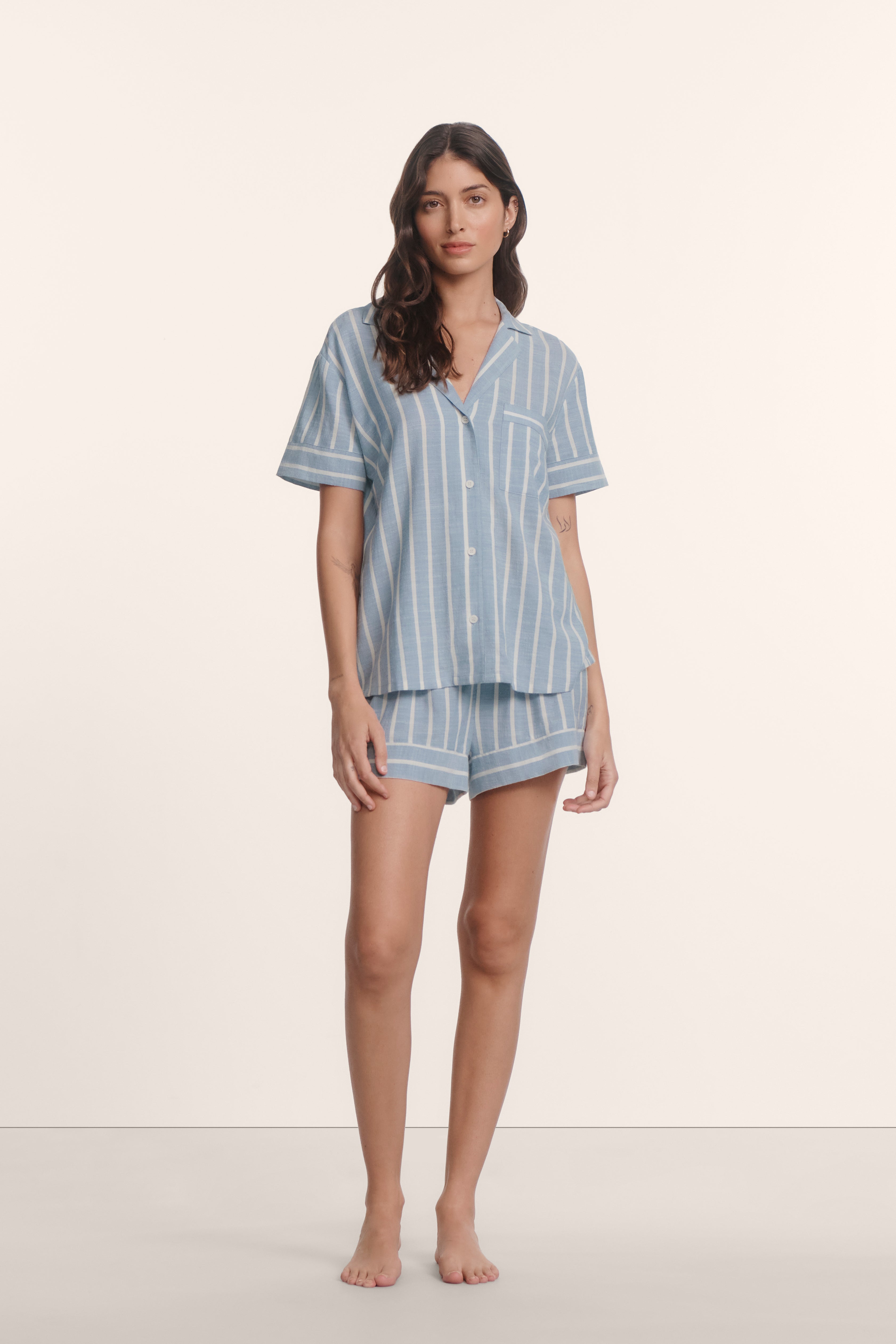 Eberjey Nautico Shortie PJ Set - Classic Stripe Slate Blue / Ivory