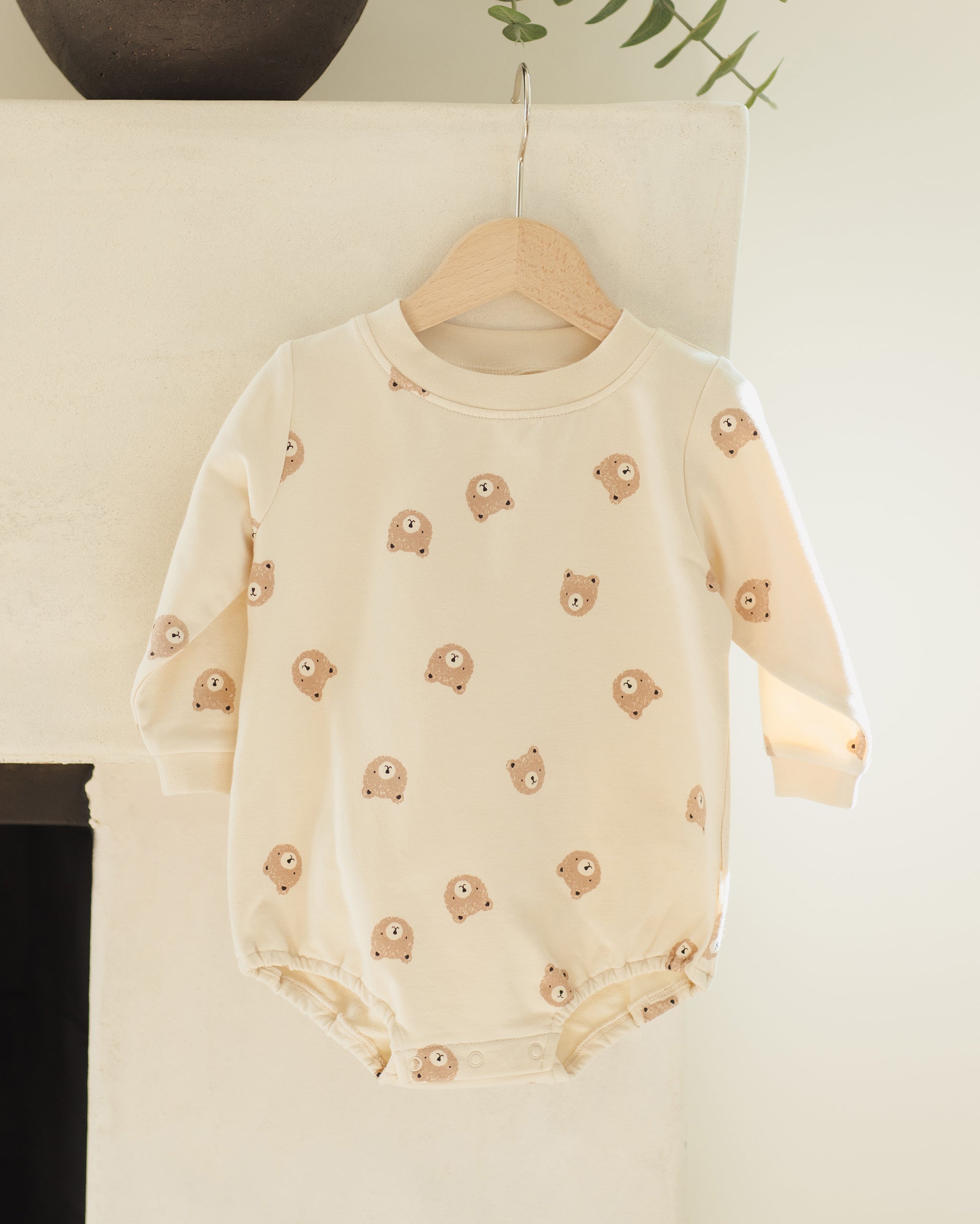 Quincy Mae Crewneck Bubble Romper - Brown Bear
