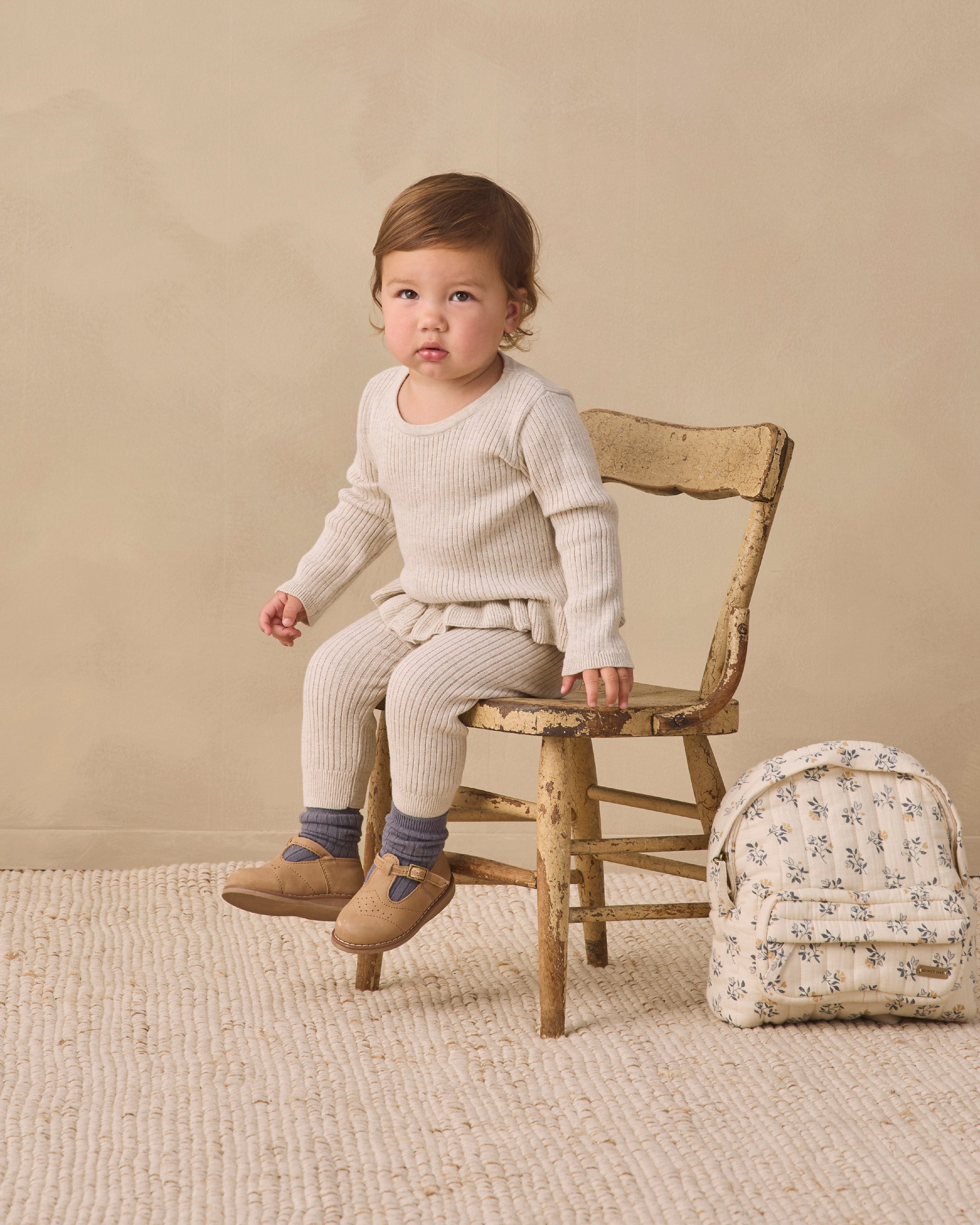 Quincy Mae Rib Knit Peplum Top - Heathered Oatmeal
