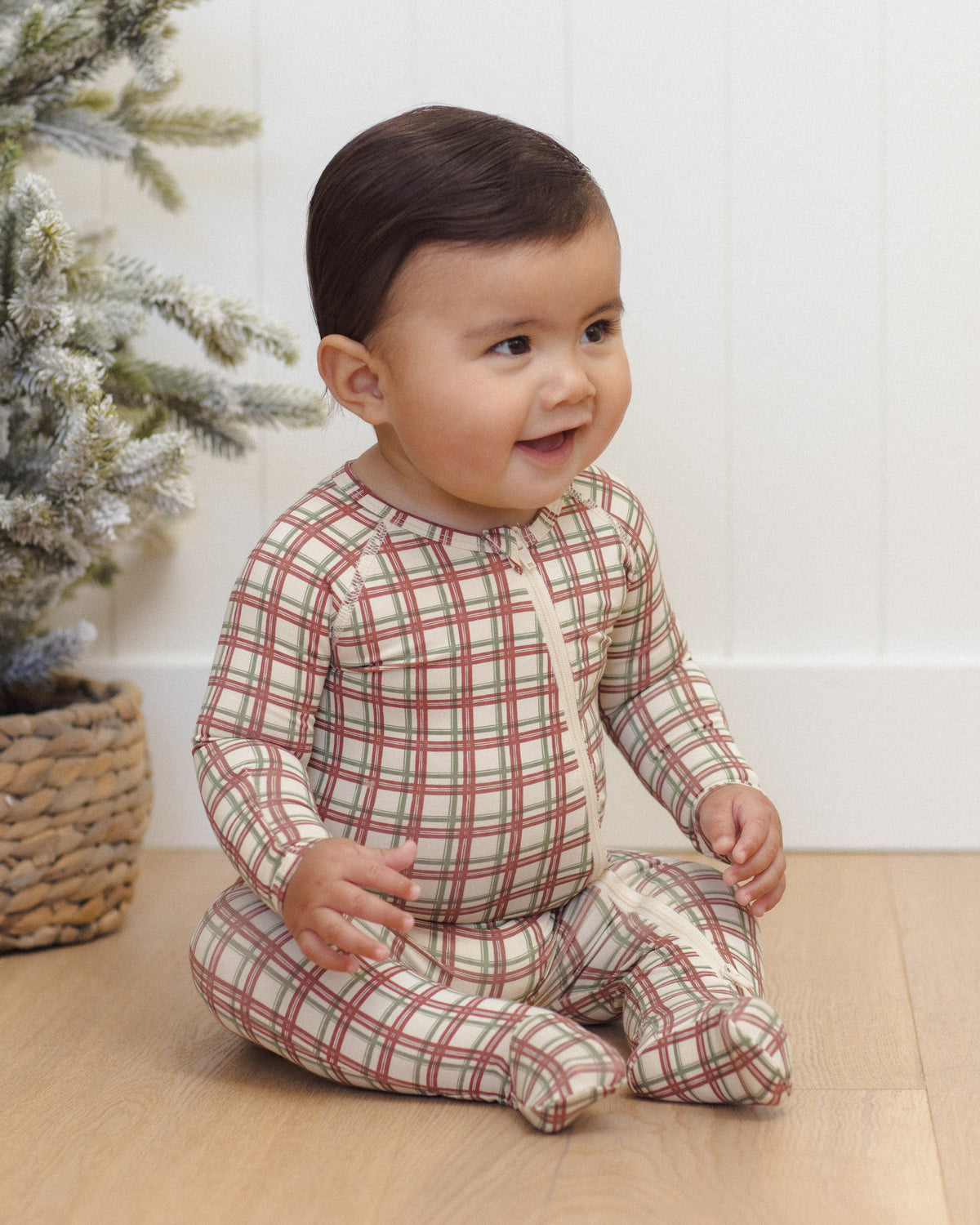 Quincy Mae Bamboo Zip Footie - Redwood Check
