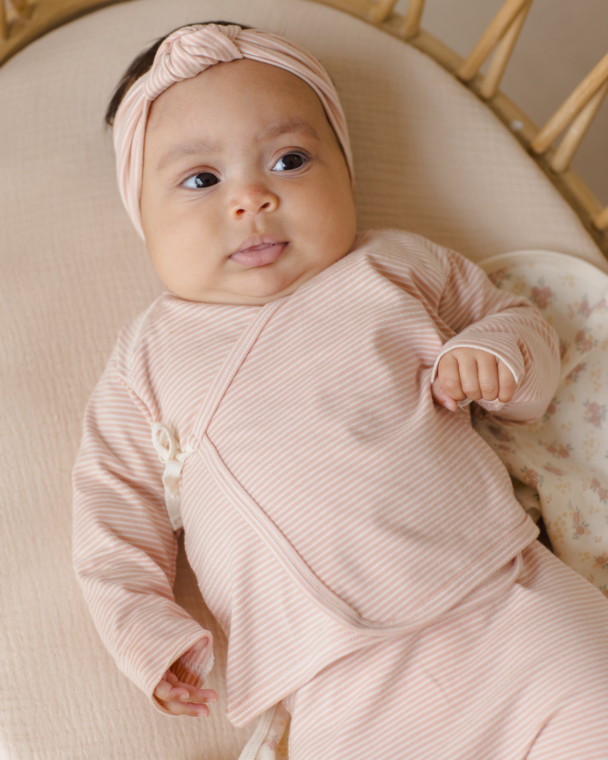 Quincy Mae Wrap Top + Footed Pant Set - Melon Micro Stripe