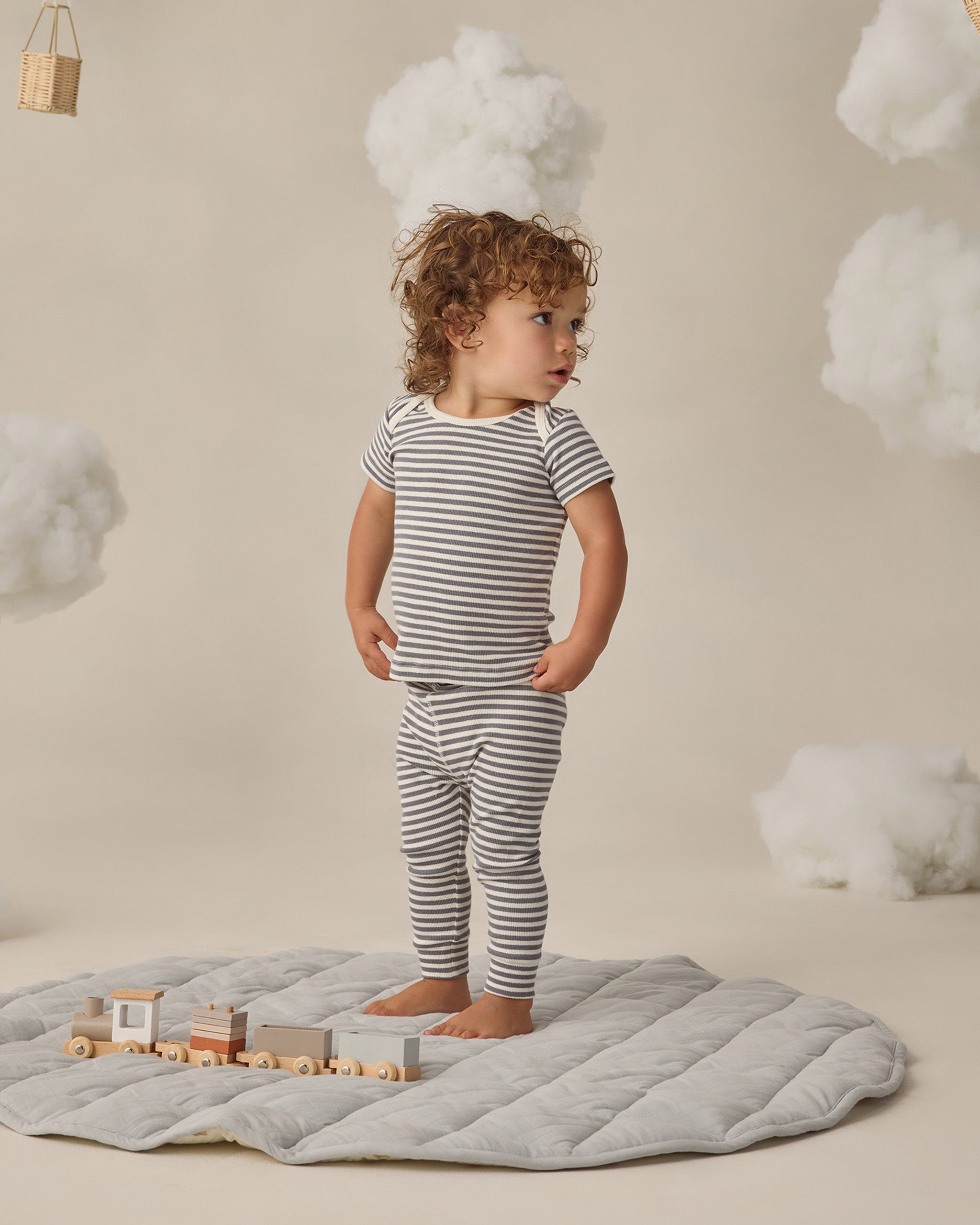 Quincy Mae Ribbed Short Sleeve Tee + Legging Set - Ocean Stripe