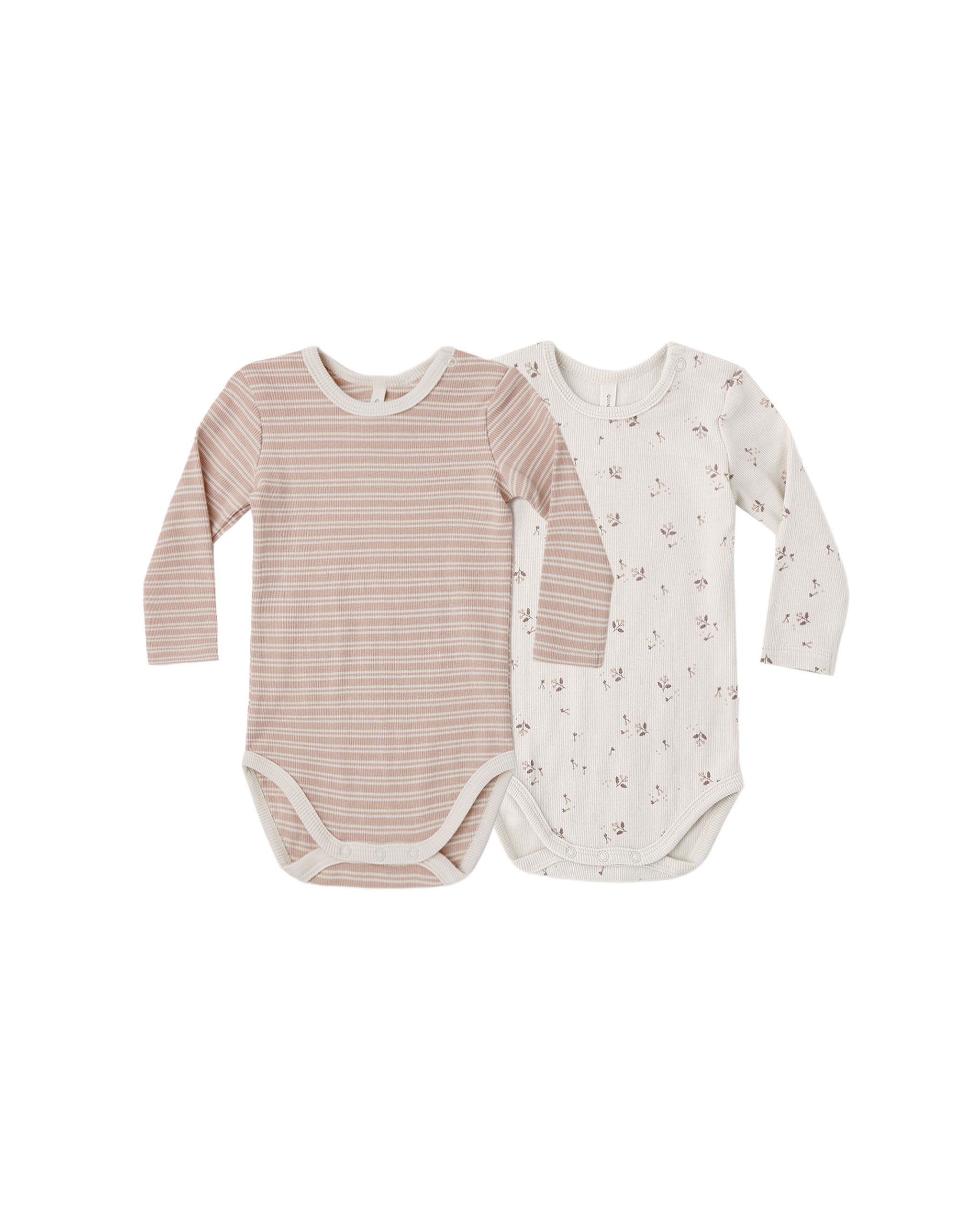 Quincy Mae Ribbed Bodysuit, 2 Pack - Dusty Rose Microstripe, Fall Ditsy