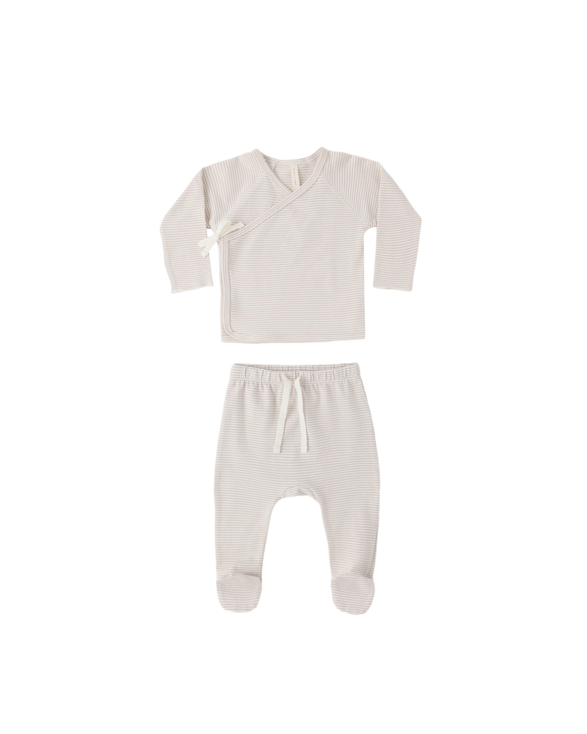 Quincy Mae Wrap Top + Footed Pant Set - Oat Micro Stripe
