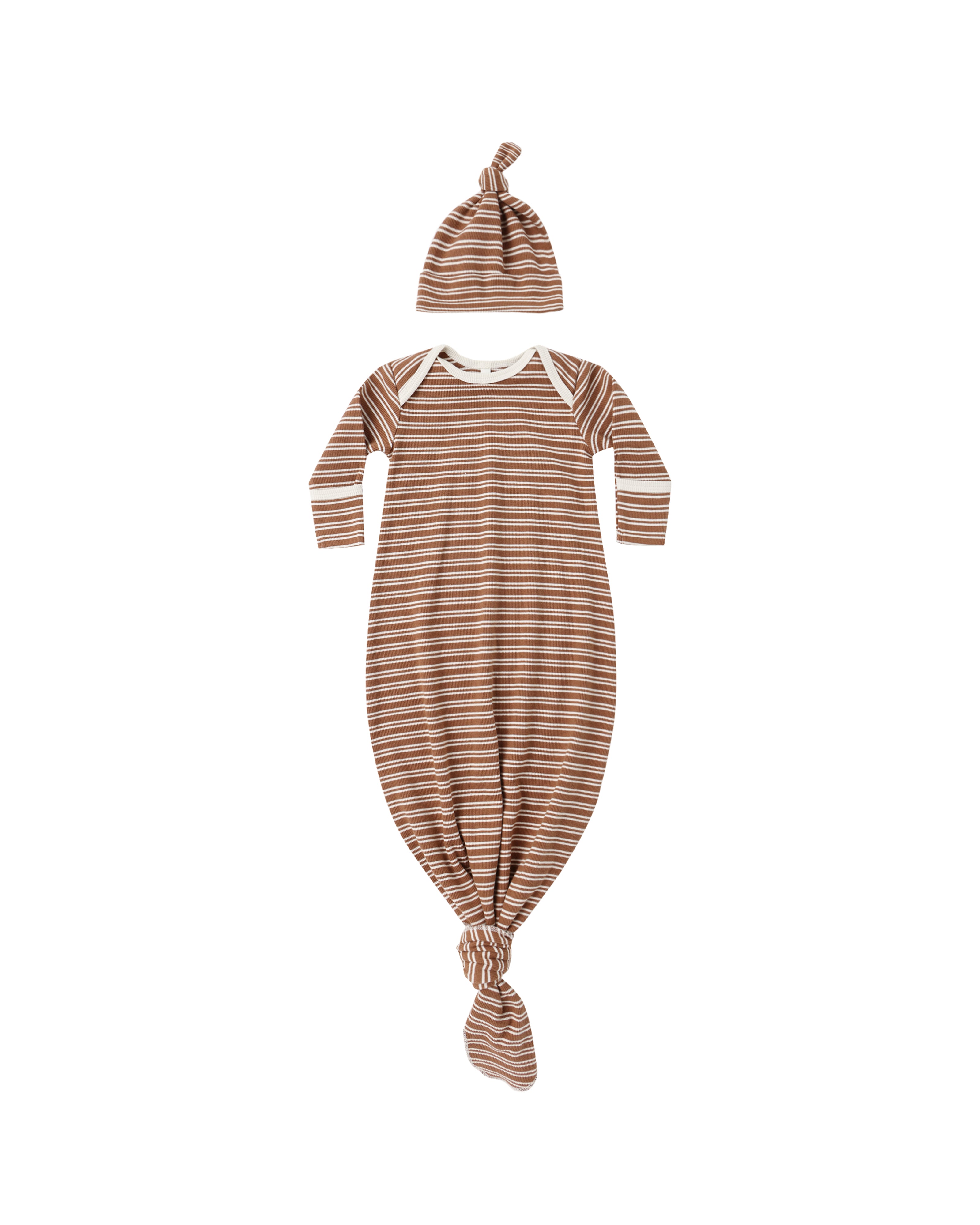Quincy Mae Knotted Baby Gown + Hat Set - Cedar Micro Stripe