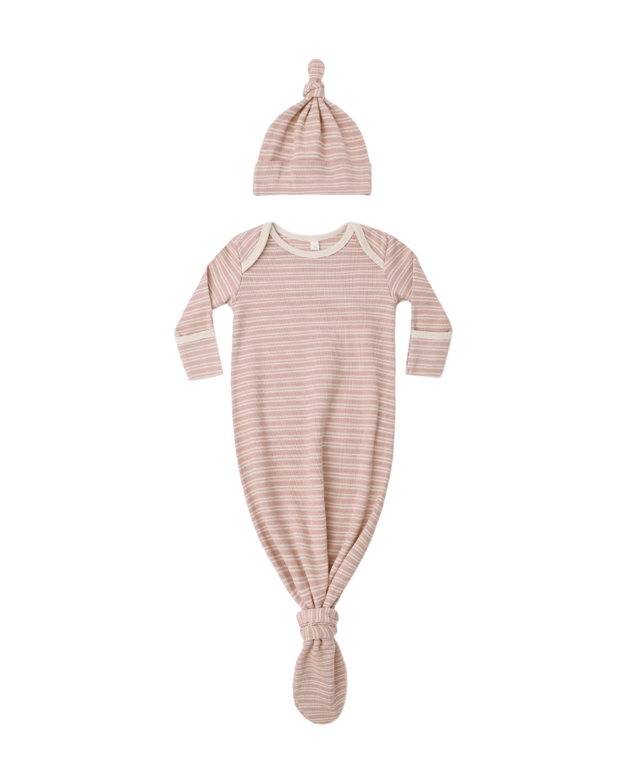 Quincy Mae Knotted Baby Gown + Hat Set - Dusty Rose Microstripe