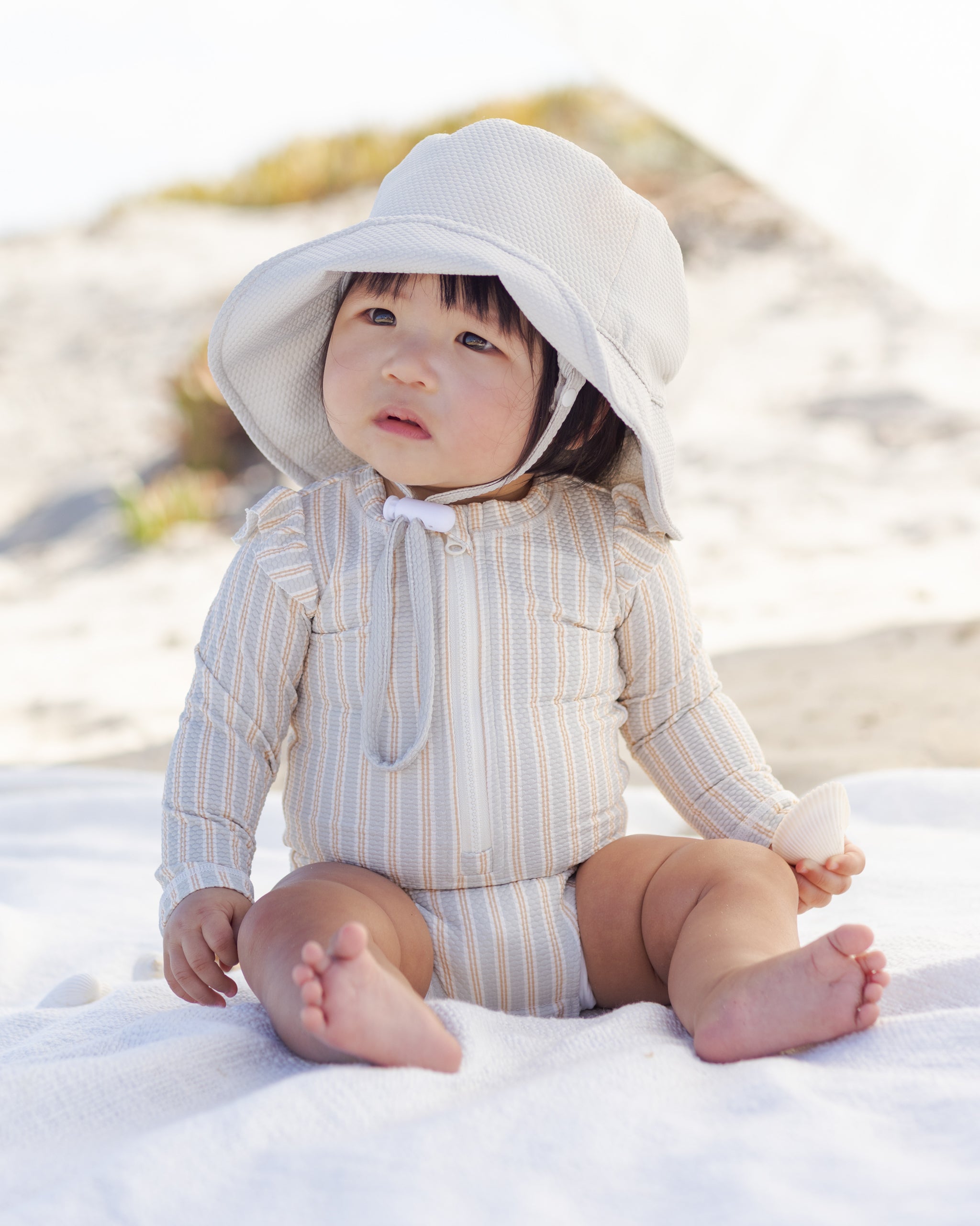 Quincy Mae Byron Rashguard One-Piece - Blue+Butterscotch Stripe