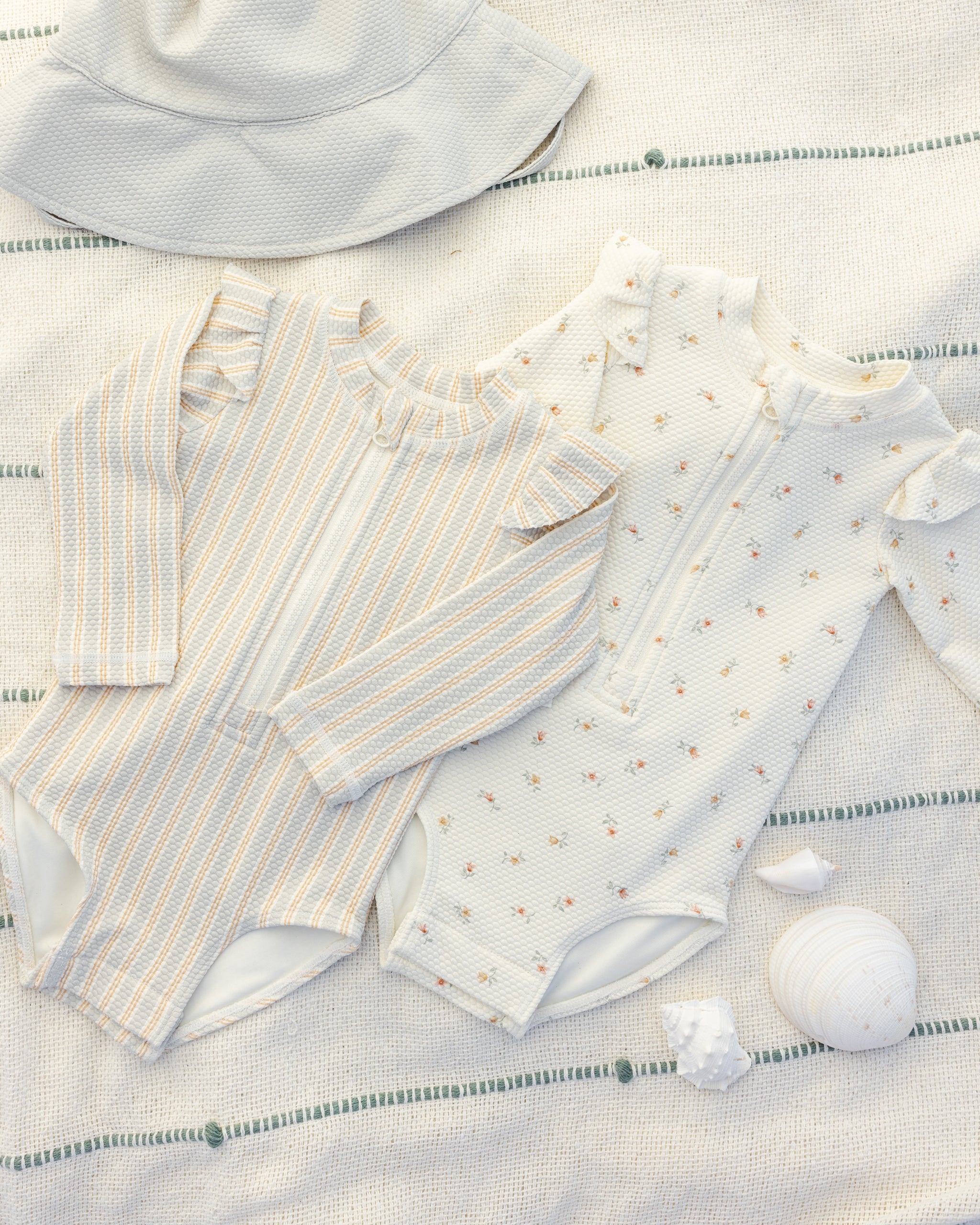 Quincy Mae Byron Rashguard One-Piece - Blue+Butterscotch Stripe