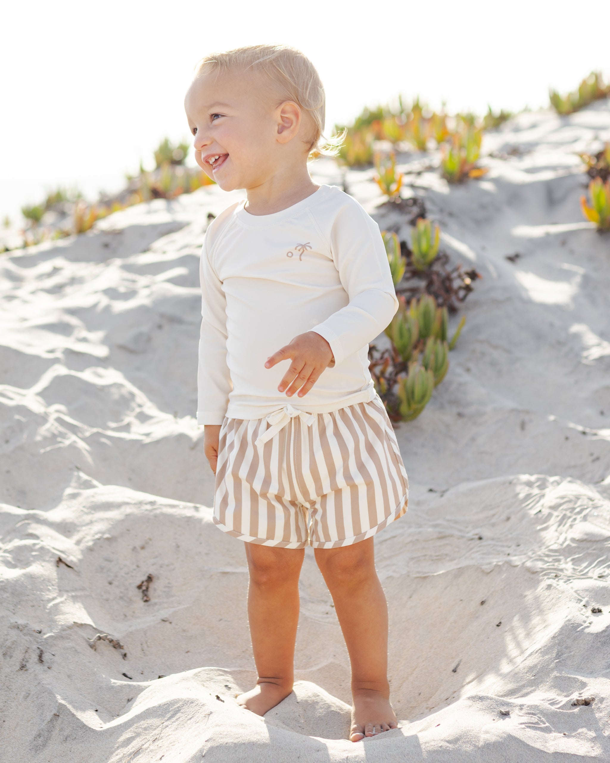 Quincy Mae Boys Swim Short - Retro Latte Stripe