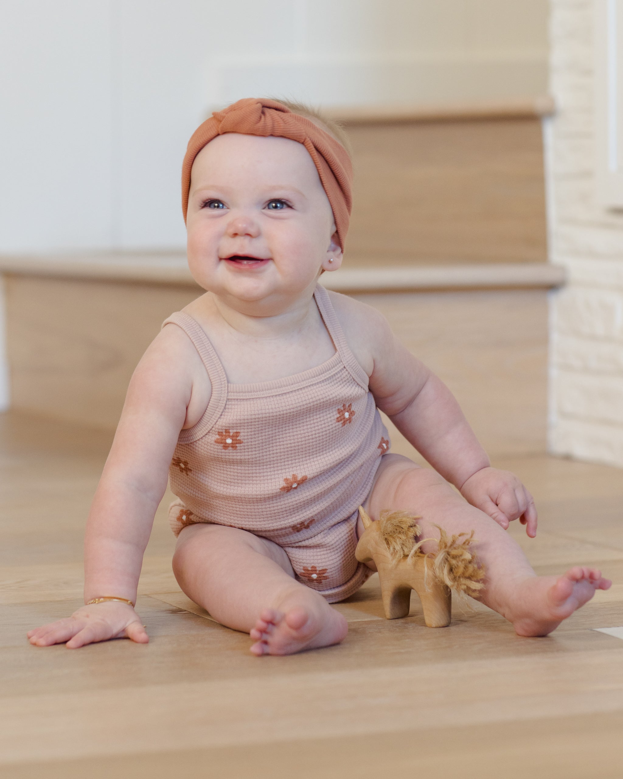 Quincy Mae Waffle Cinch Romper - Pink Daisy