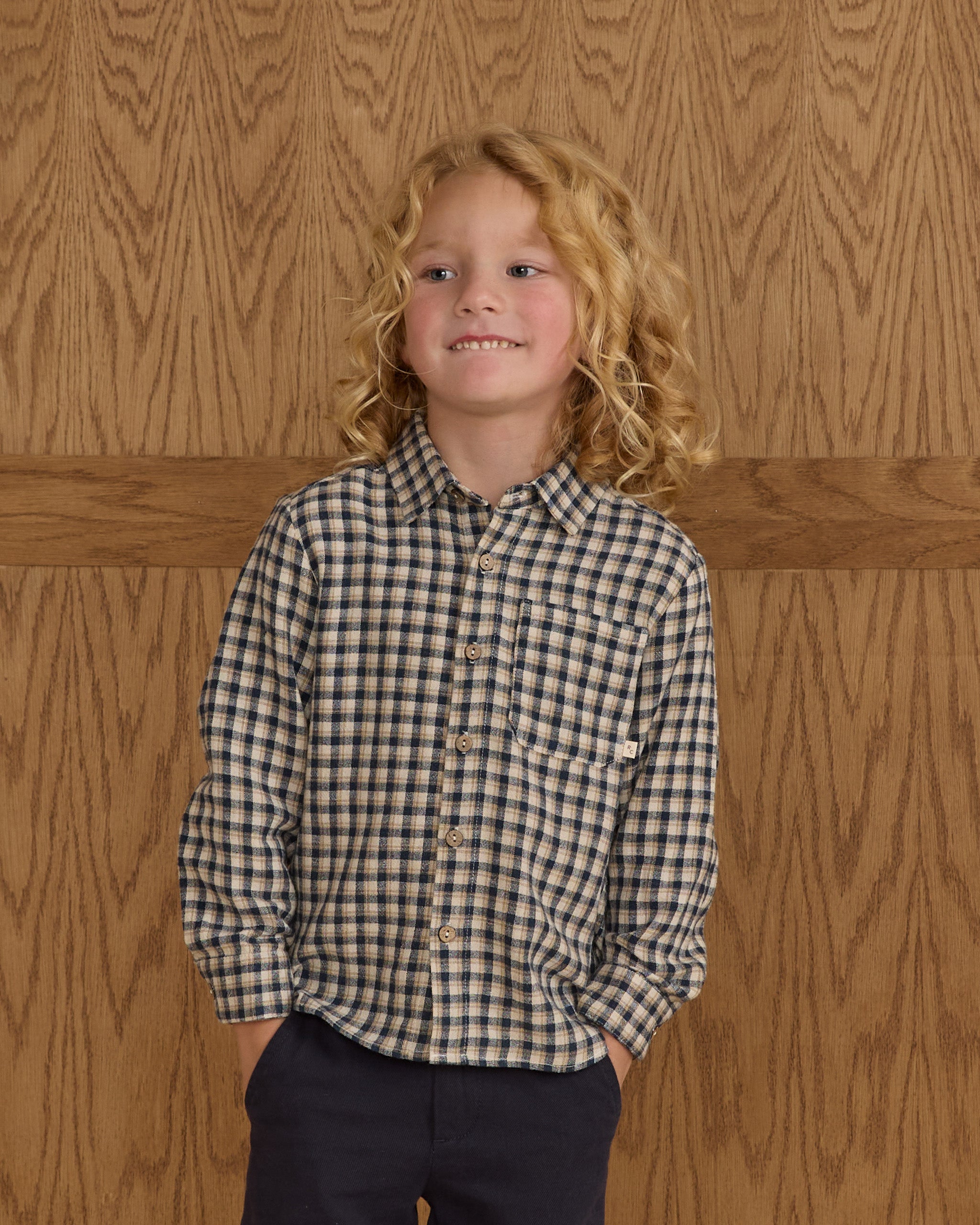 Rylee + Cru Collared Long Sleeve Shirt - Navy Check