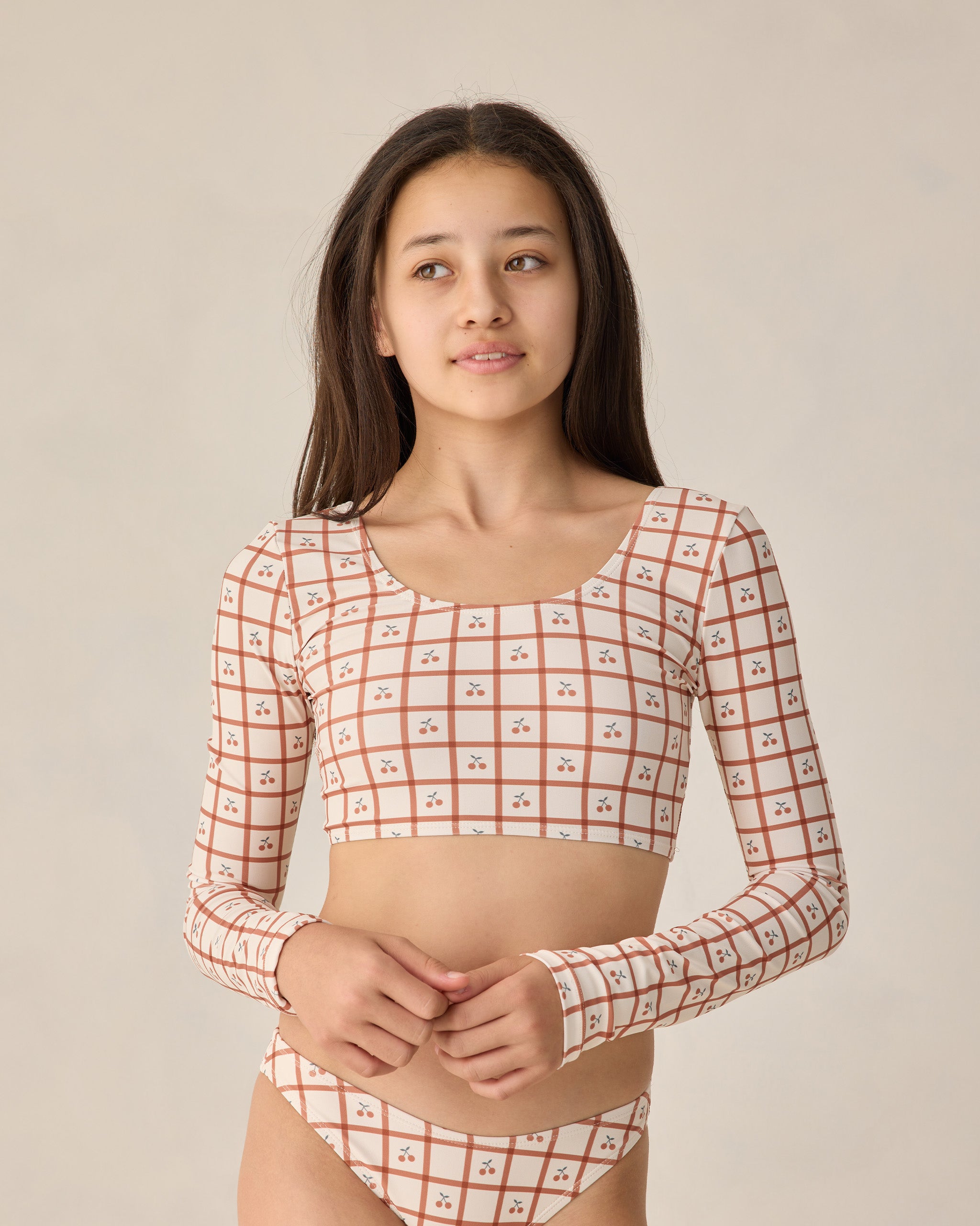 Rylee + Cru Teen Rashguard Bikini Set - Cherry Check
