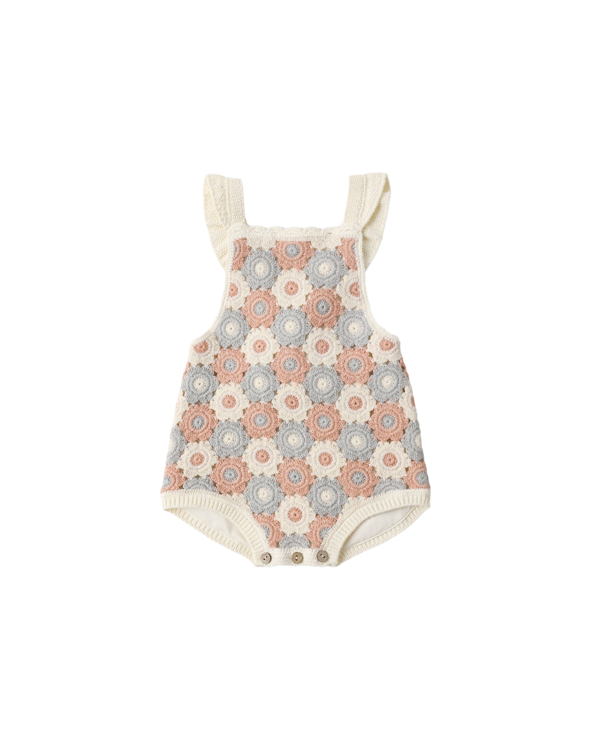 Rylee + Cru Crochet Romper - Blue, Light Pink, Ivory