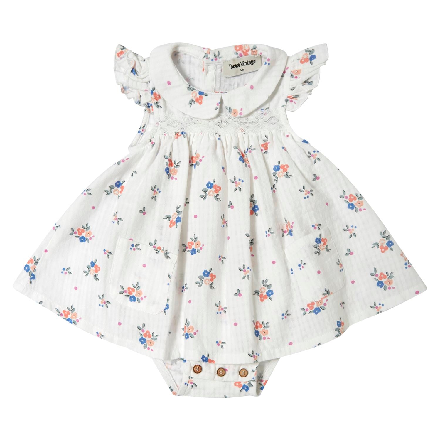 Tocoto Vintage Baby Dress With Pockets With Hearts And Flowers - Off White