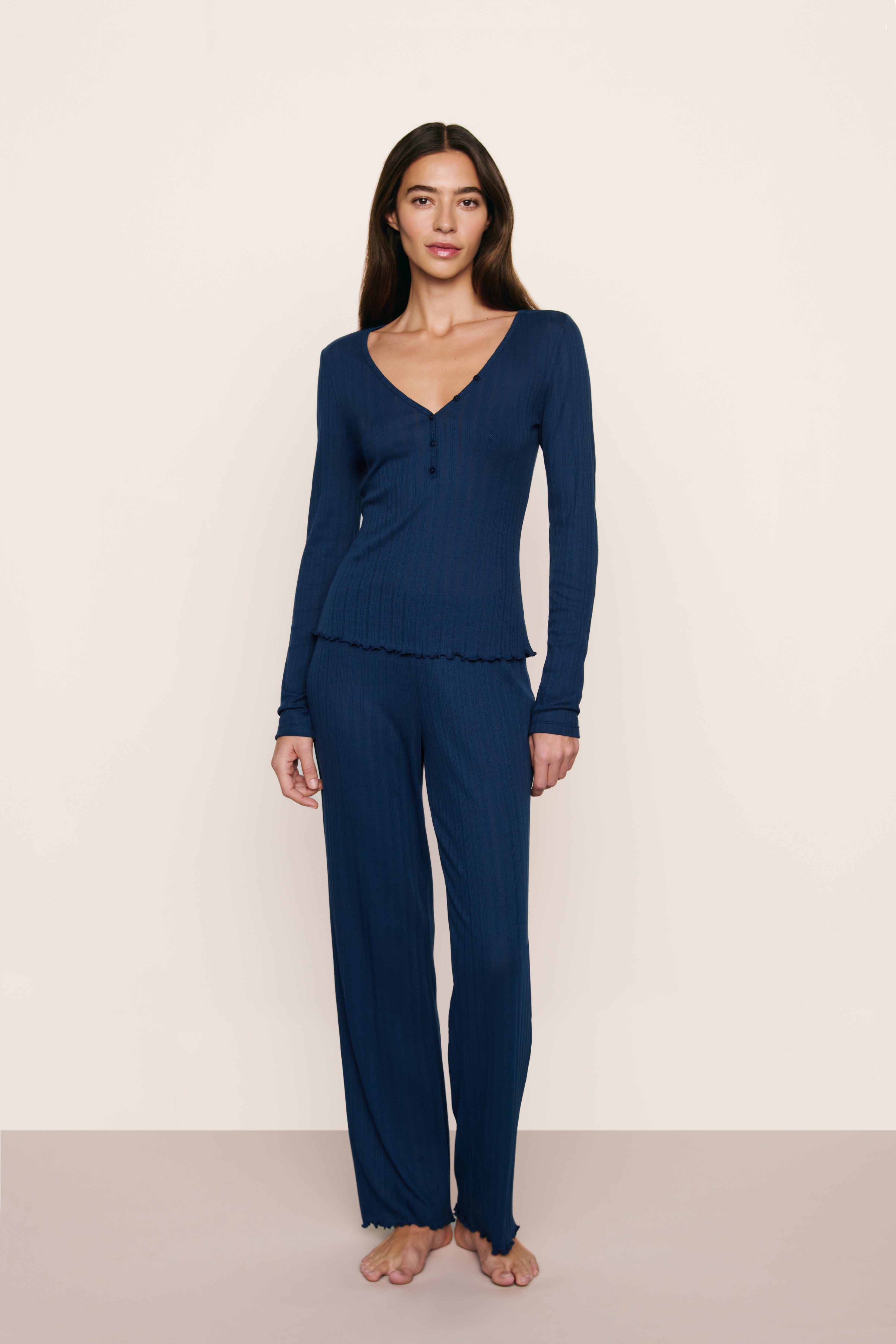 Eberjey Pointelle V Neck Henley - Navy