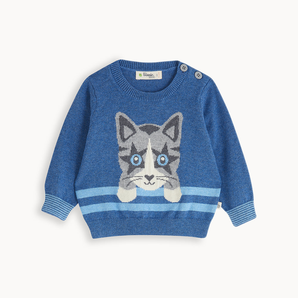 Bonnie Mob Eccentric Cat Intarsia Sweater - Blue