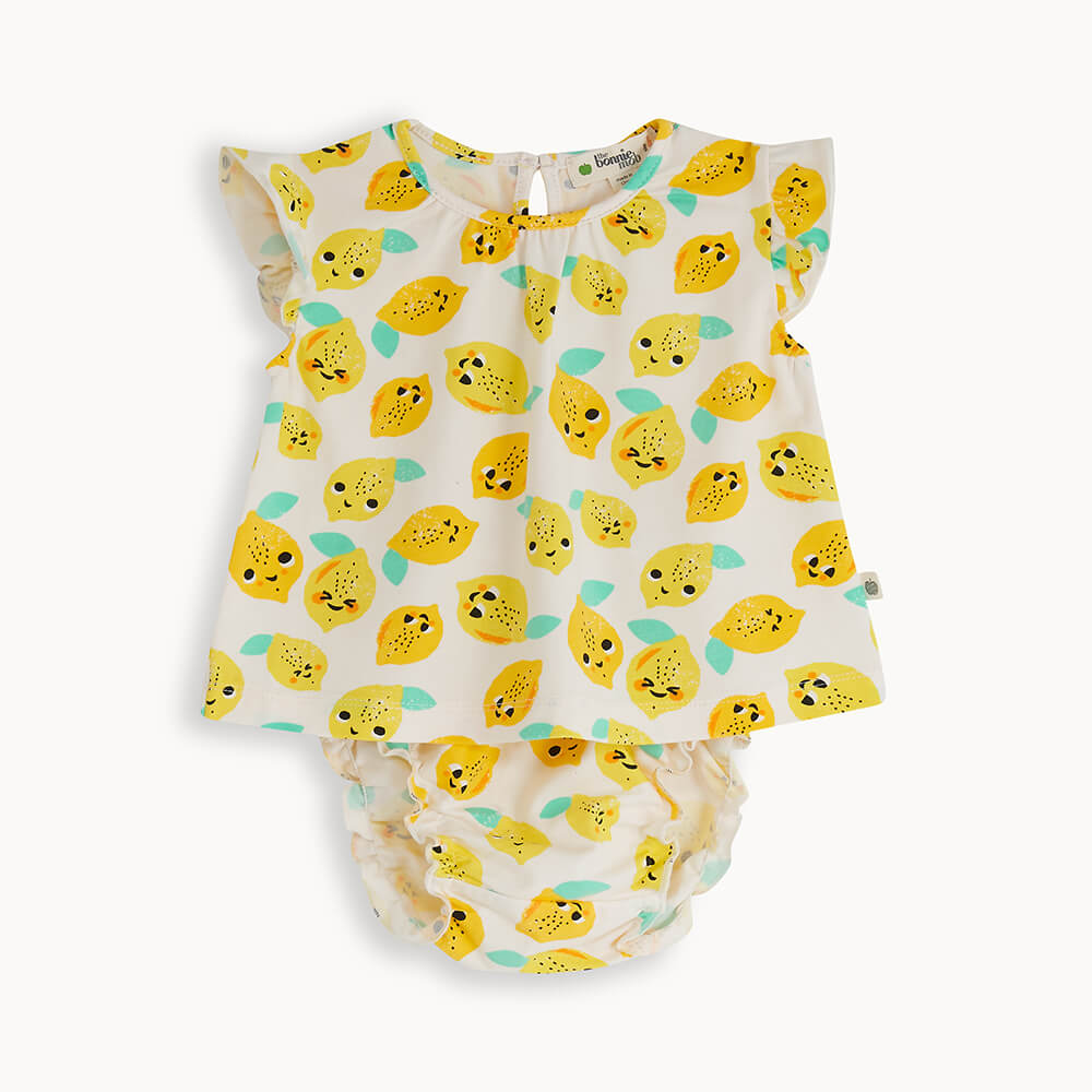 Bonnie Mob Mayflower Frill Sleeve Top And Bloomer Set - Lemon
