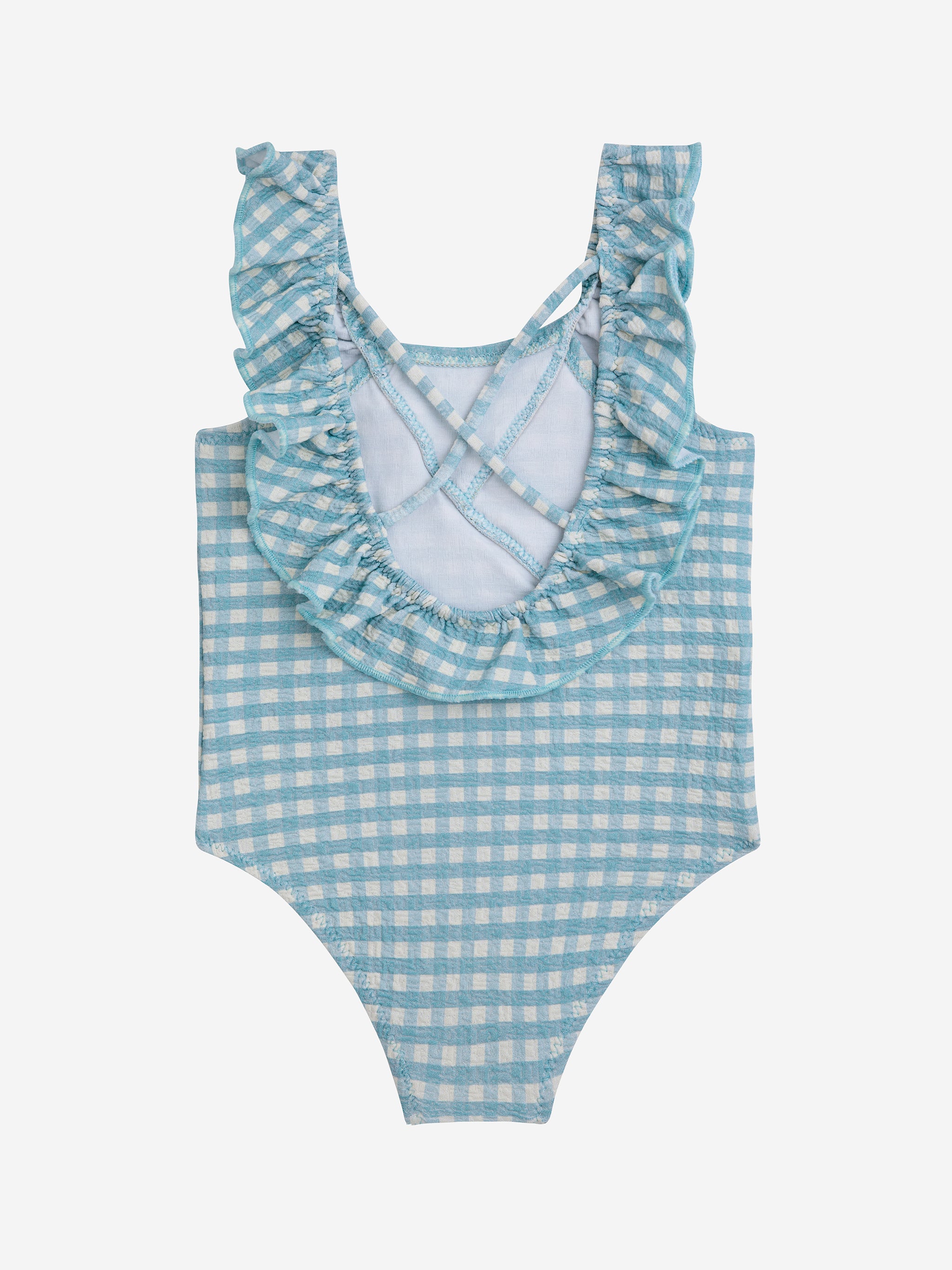 Bobo Choses Baby Vichy Ruffle Swimsuit. - Aqua Blue