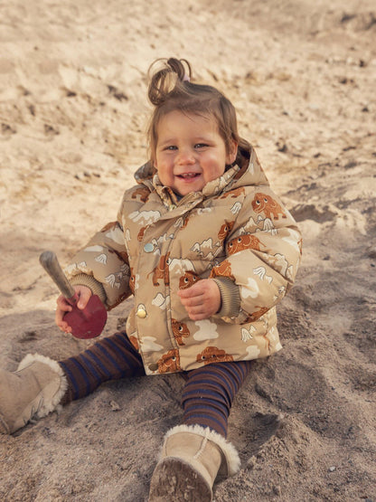 Mini Rodini Mammoths All Over Print Hooded Puffer - Beige