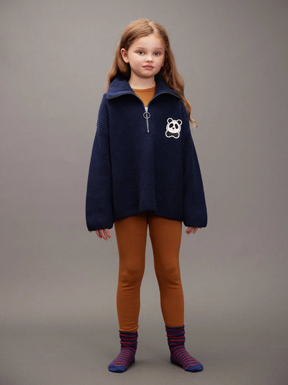 Mini Rodini Panda Patch Chunky Knit Half Zip Sweater