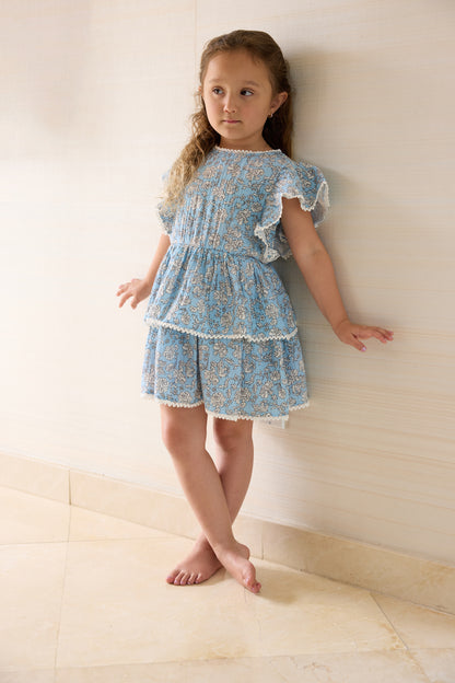 The New Society Melina Dress - Peony Powder Blue Print