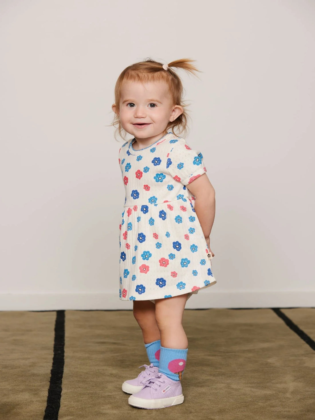 Mini Rodini Flowers Aop Picot Edge Pointelle Short Sleeve Dress - Multi