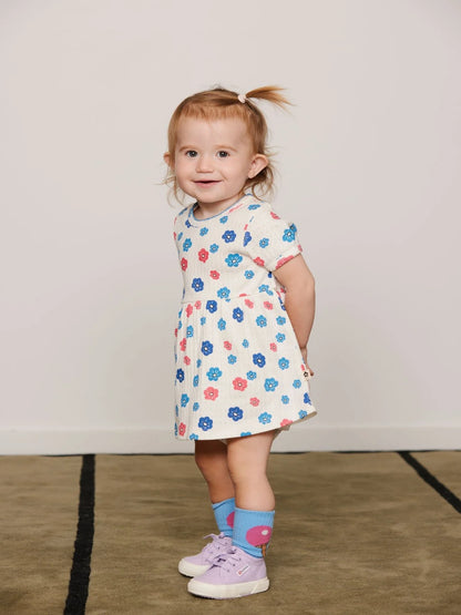 Mini Rodini Flowers Aop Picot Edge Pointelle Short Sleeve Dress - Multi