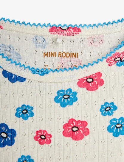 Mini Rodini Flowers Aop Picot Edge Pointelle Short Sleeve Dress - Multi
