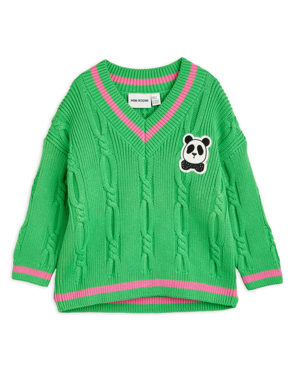 Mini Rodini Panda Knitted V-Neck Sweater - Green