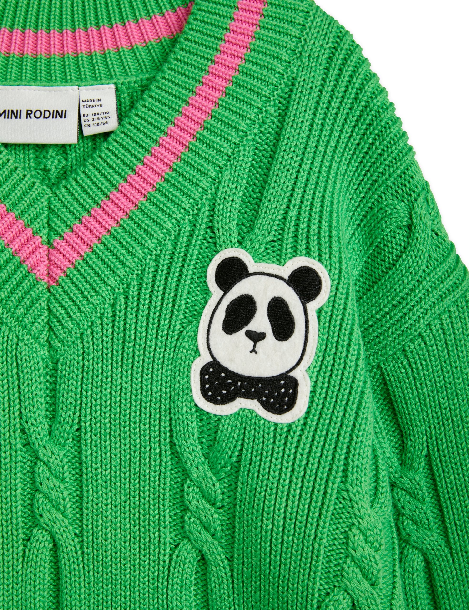 Mini Rodini Panda Knitted V-Neck Sweater - Green